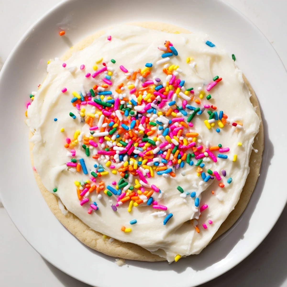 Easy Sugar Cookie Frosting in a white bowl with a whisk, next to colorful sprinkles for decoration.