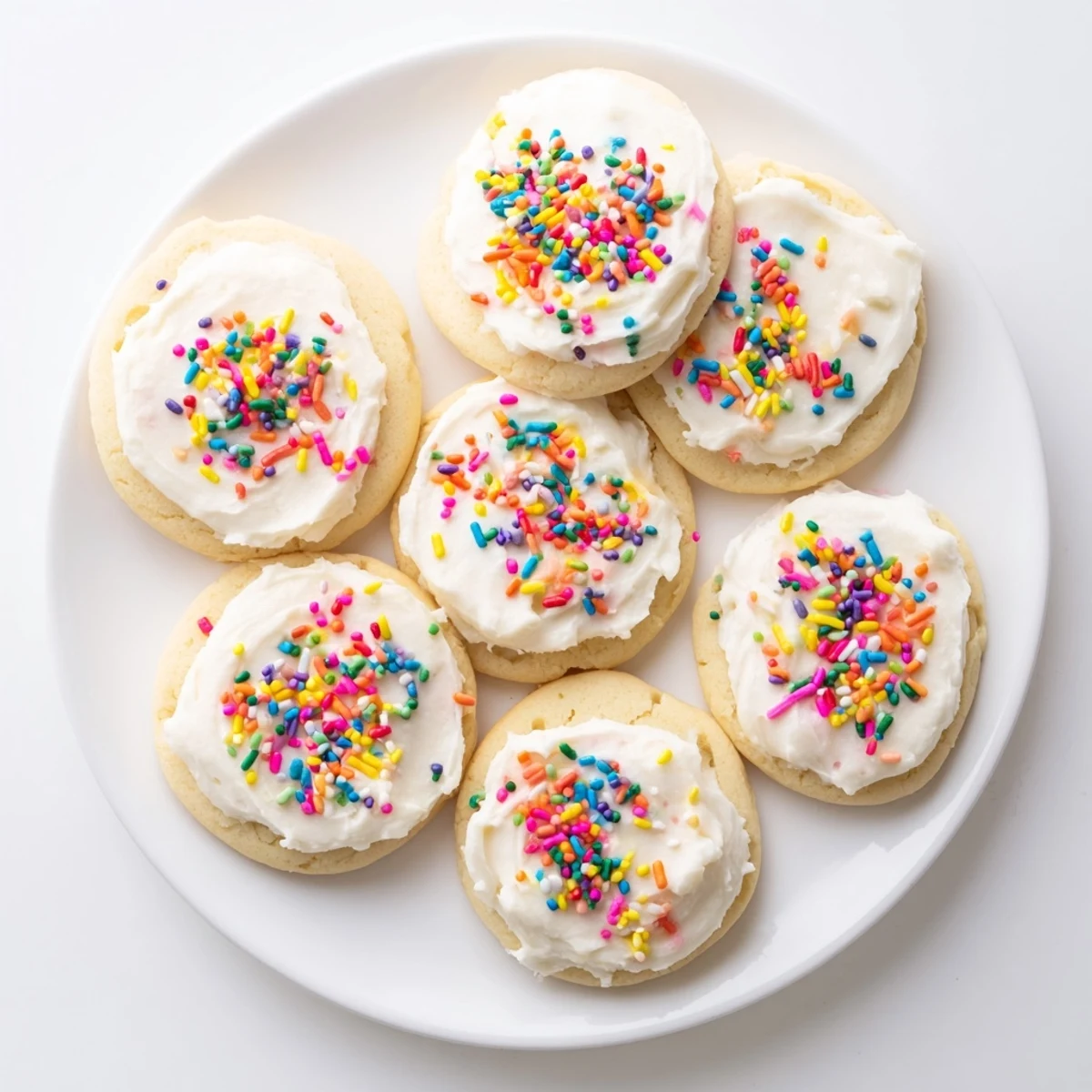 Soft Sour Cream Sugar Cookies With Cream Cheese Frosting are frosted and topped with colorful sprinkles for a festive treat.