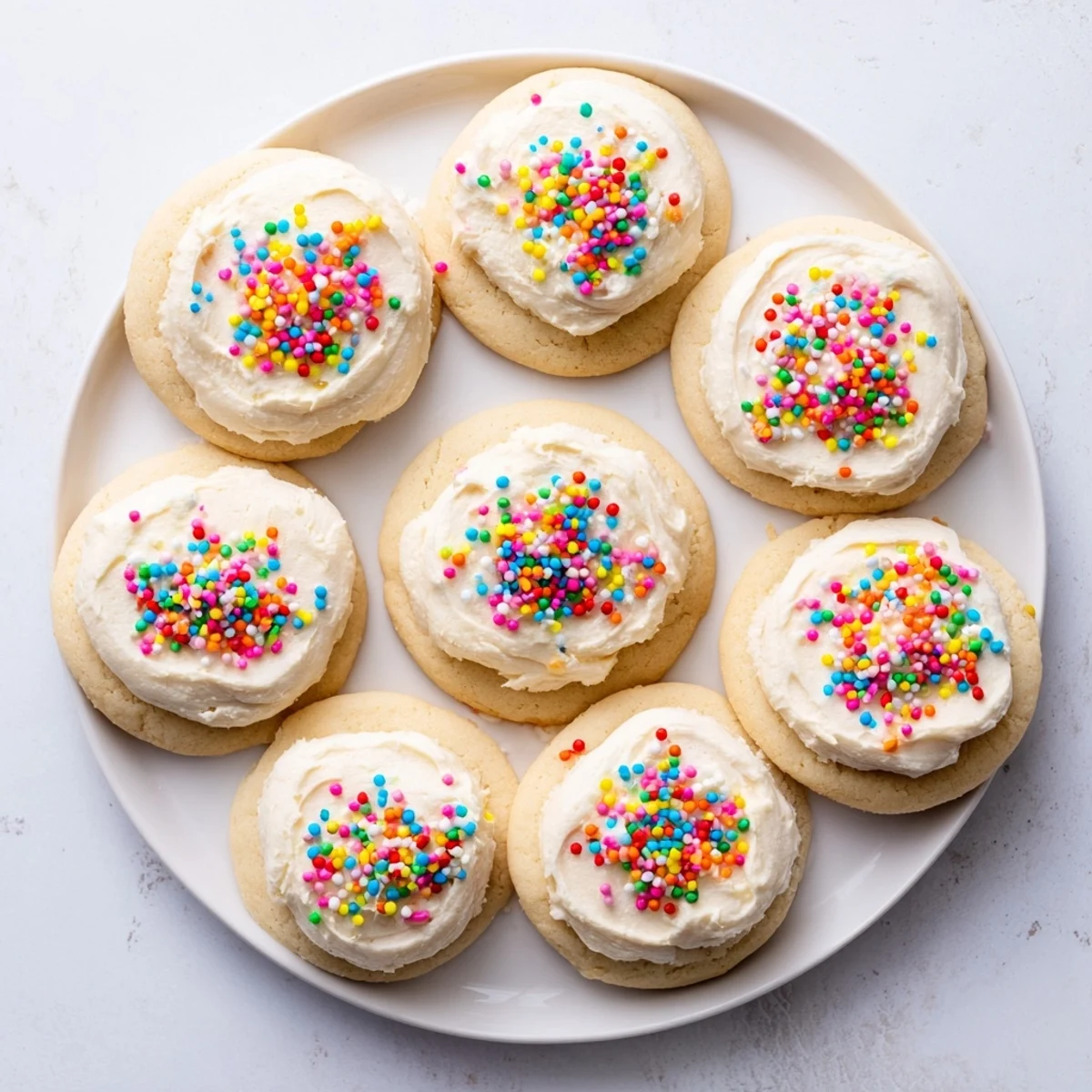 Freshly baked Soft Sour Cream Sugar Cookies With Cream Cheese Frosting sit on a cooling rack with a delicate crumb.