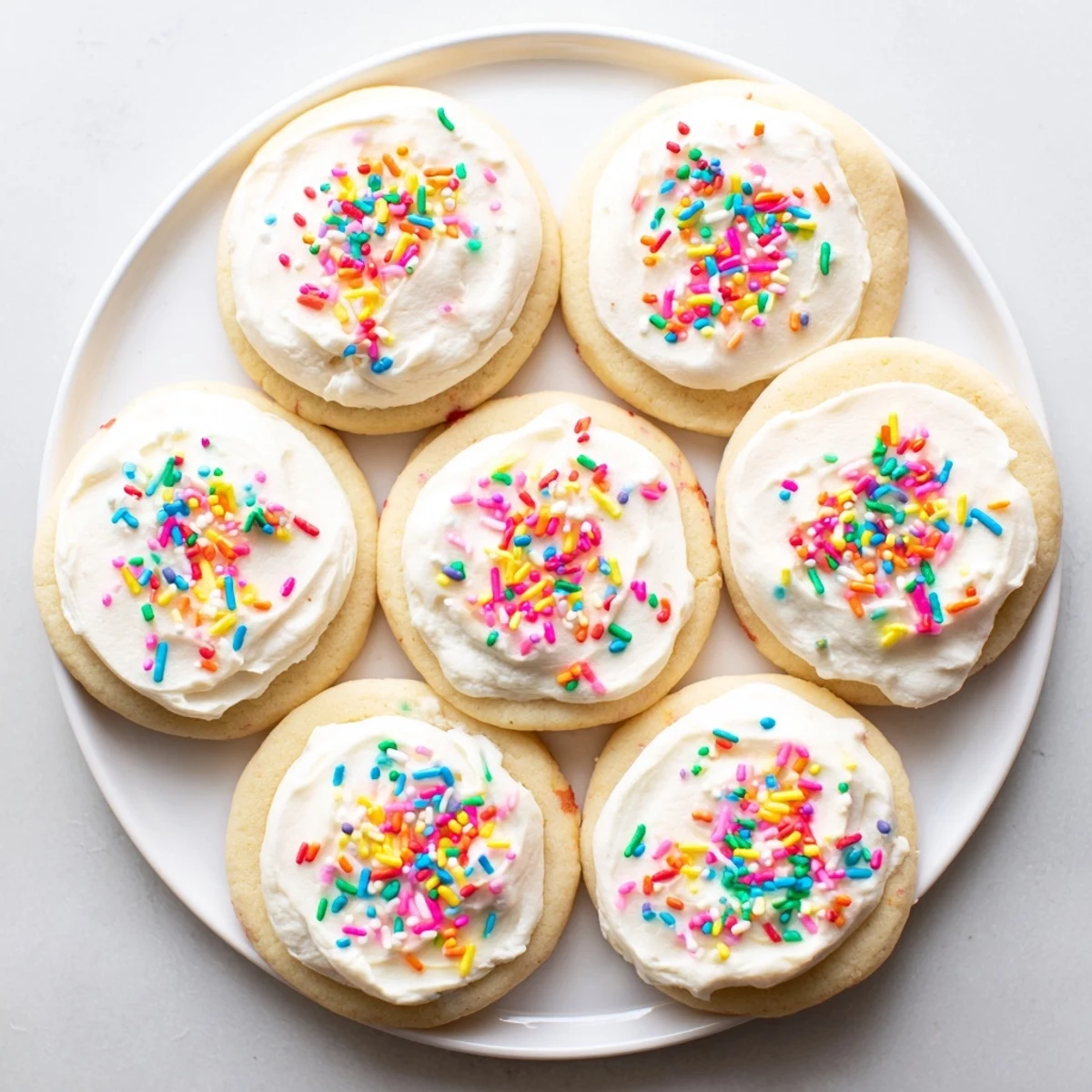 A close-up of Soft Sour Cream Sugar Cookies With Cream Cheese Frosting shows creamy swirls on soft, pillowy cookies.