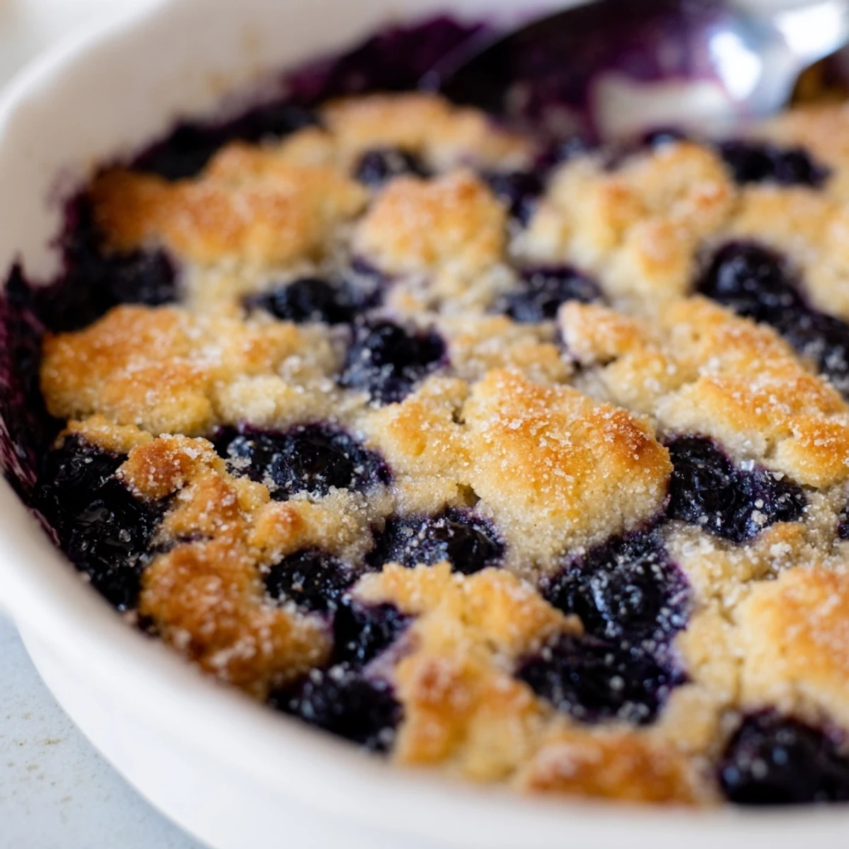 A close-up of Moist Blueberry Cobbler With Frozen Berries bubbling in a ceramic dish, with a golden biscuit crust.  
