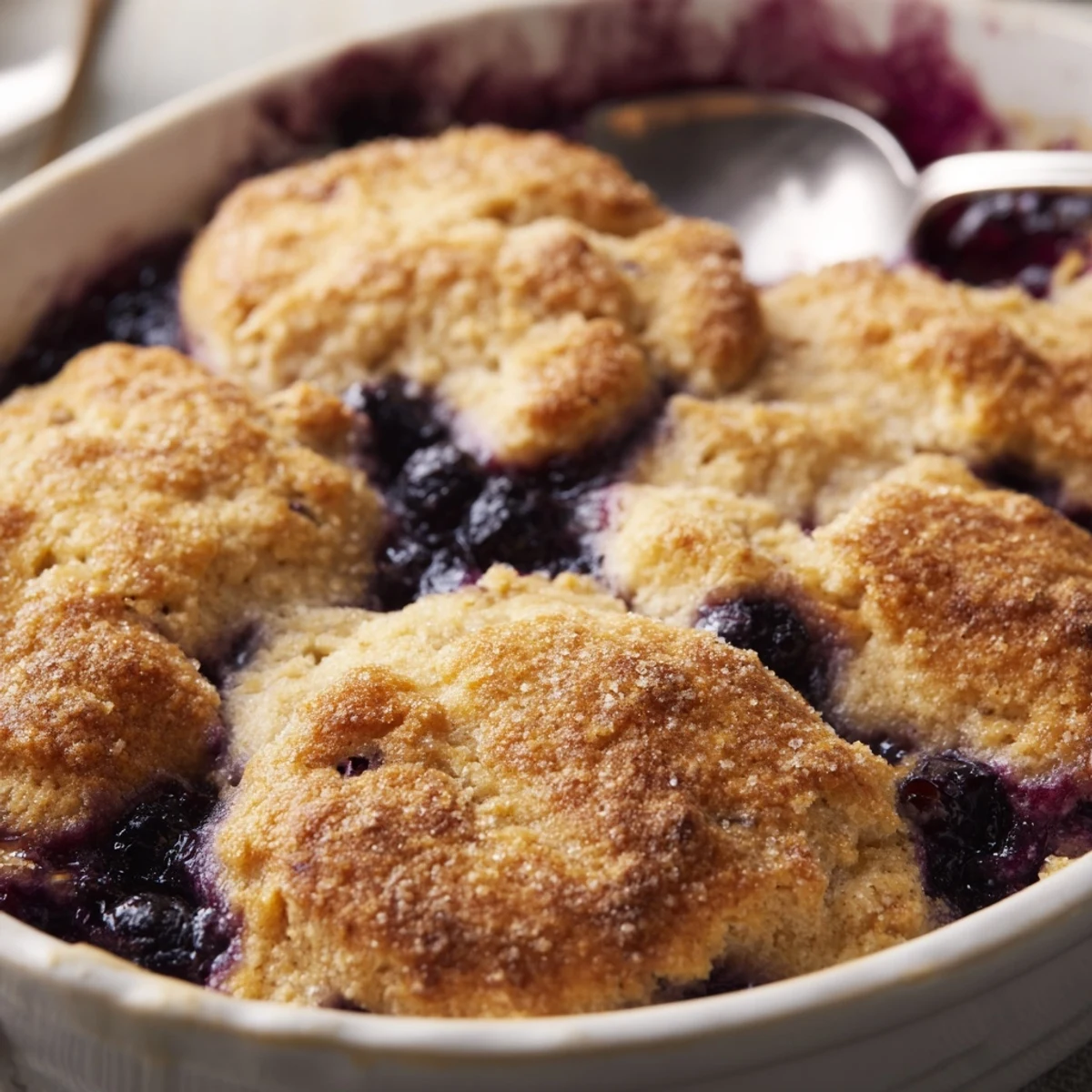 A slice of Moist Blueberry Cobbler With Frozen Berries topped with melting vanilla ice cream on a plate.
