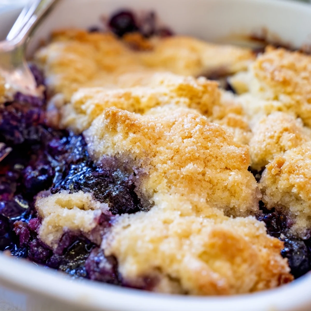 Freshly baked Moist Blueberry Cobbler With Frozen Berries served warm in a skillet, ready for scooping.  