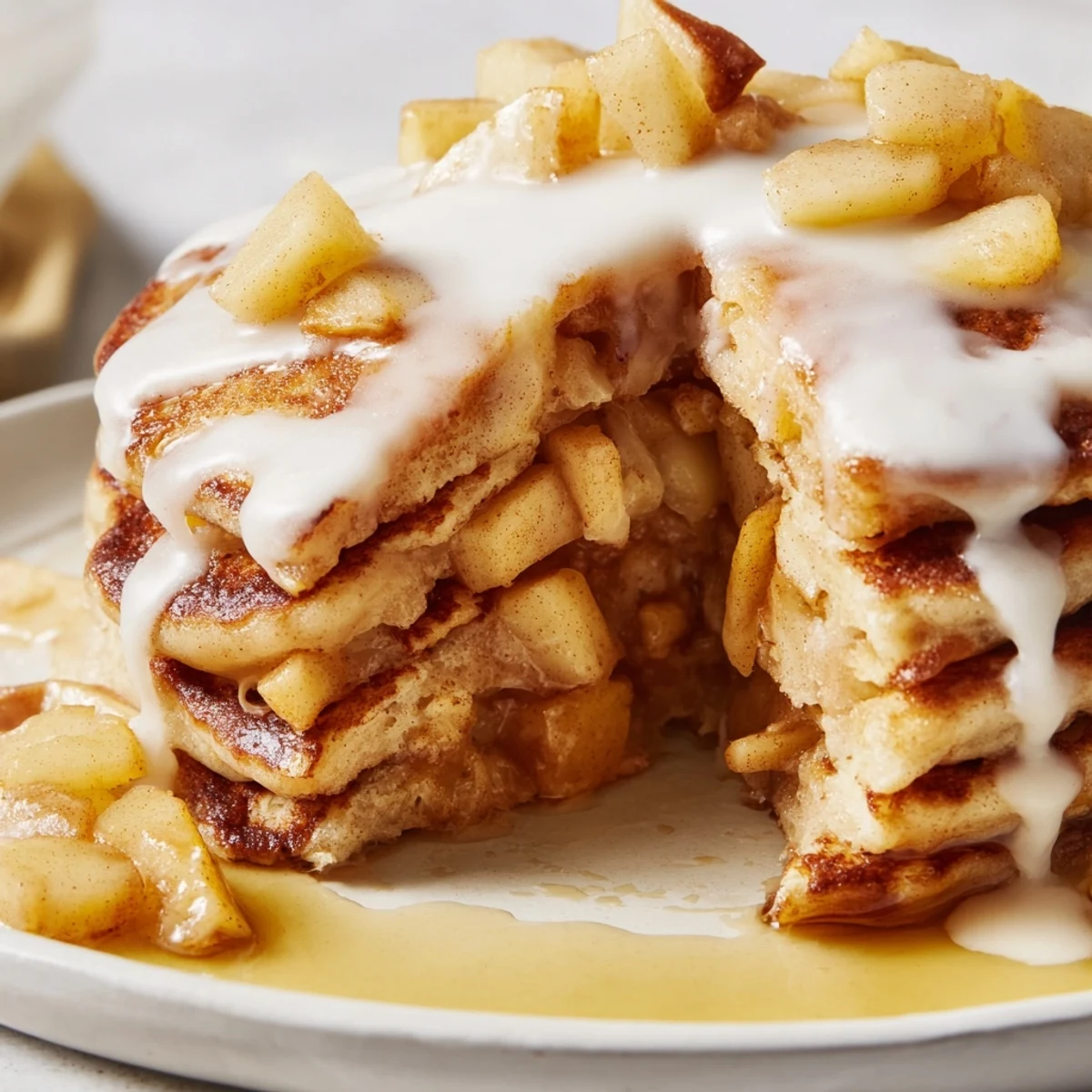 Golden Apple Fritter Pancakes stacked high on a plate, glistening with a sweet vanilla glaze and fresh apple chunks.