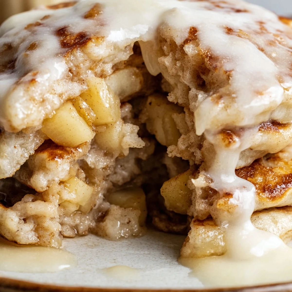 Warm Apple Fritter Pancakes fresh off the griddle, featuring tender apple pieces and a dusting of powdered sugar glaze.