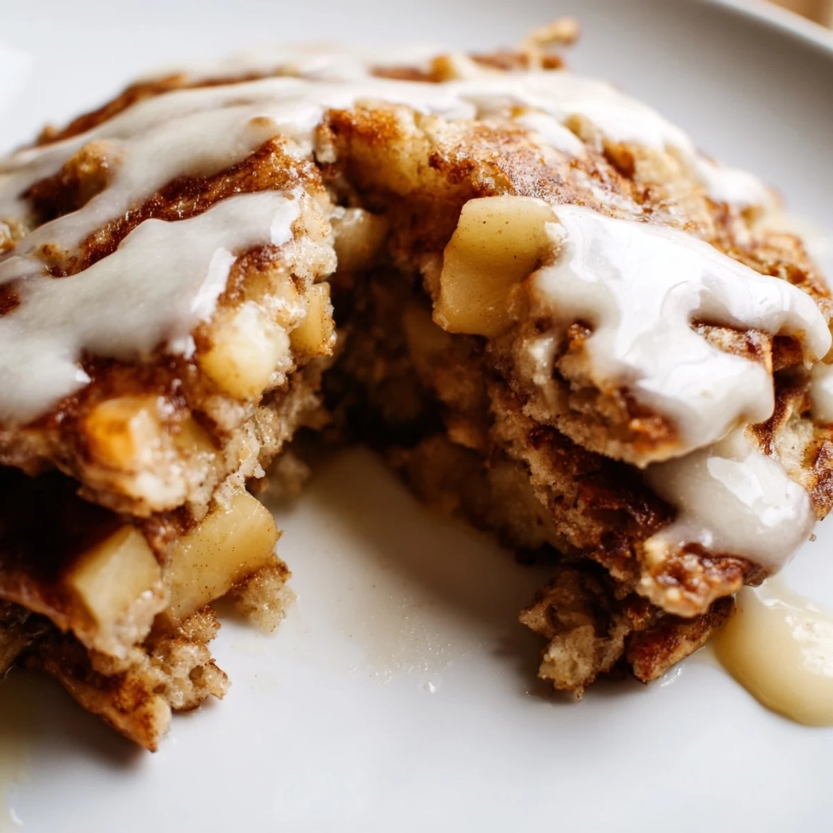 A close-up of delicious Apple Fritter Pancakes showing fluffy batter with diced apples and a drizzle of sweet glaze.