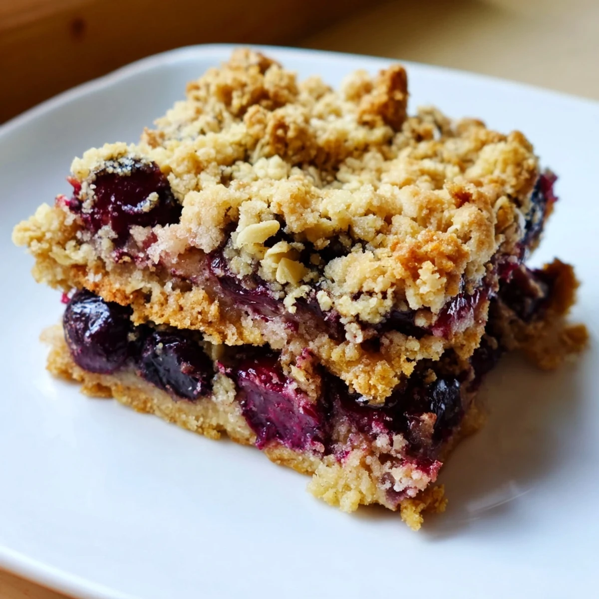 Golden-brown Easy Tasty Cherry Crumble Bars with a bubbling red fruit filling, served warm from the oven.
