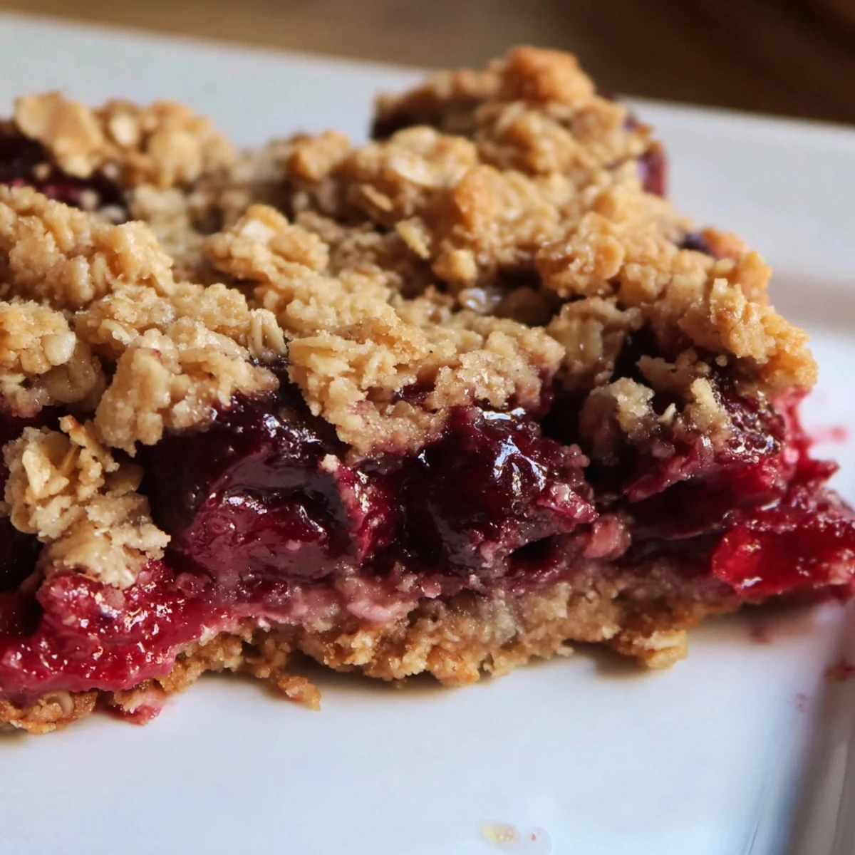 Easy Tasty Cherry Crumble Bars cut into neat squares, revealing a buttery oat crumb topping and rich cherry layer.