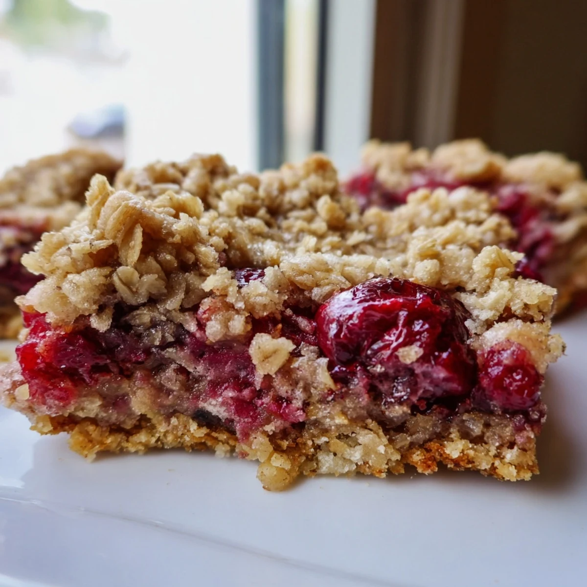 Close-up of Easy Tasty Cherry Crumble Bars showcasing juicy cherry filling and golden oat crumble, ready to serve.