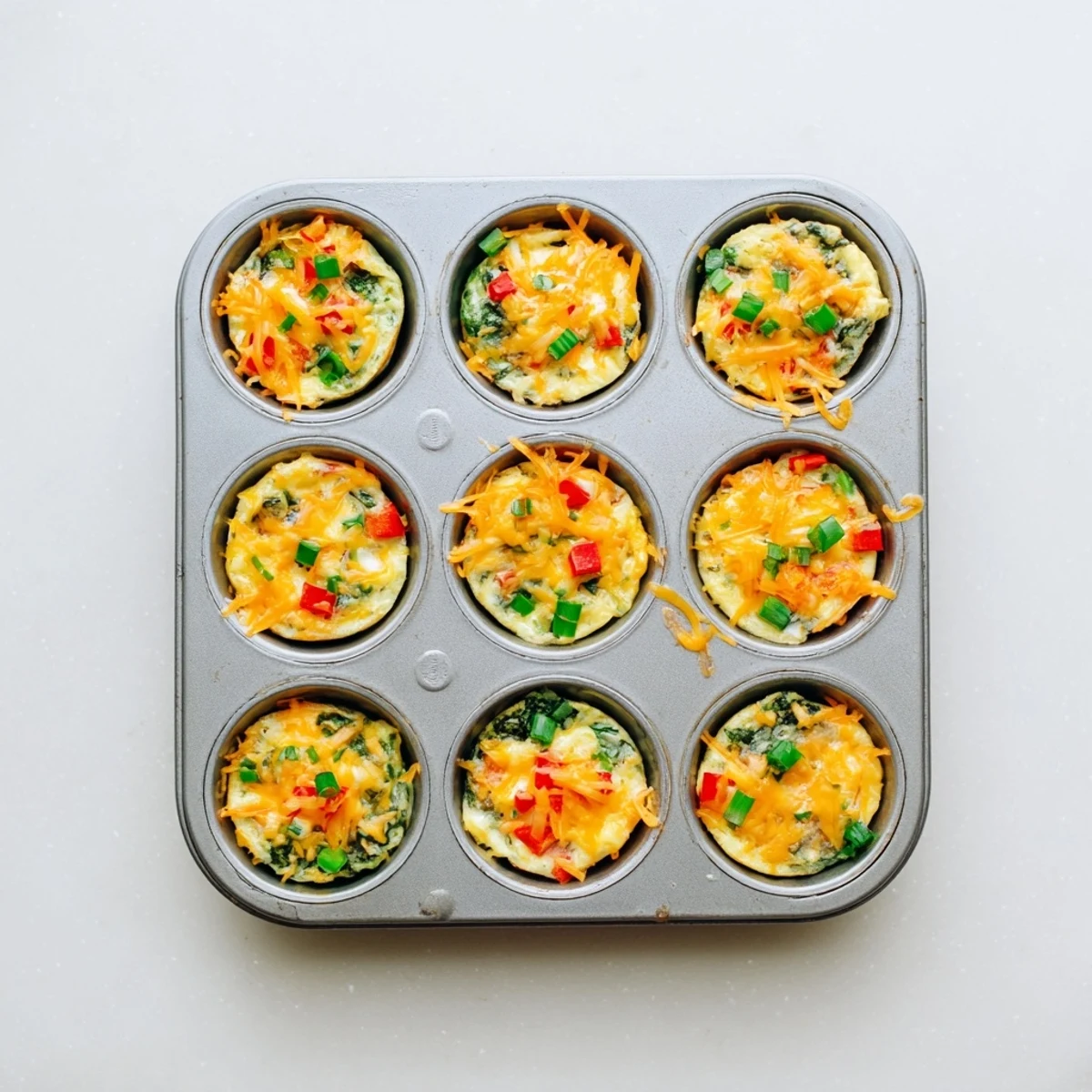 Golden-brown Muffin Tin Cottage Cheese Egg Bites studded with red bell pepper and spinach on a white plate.  