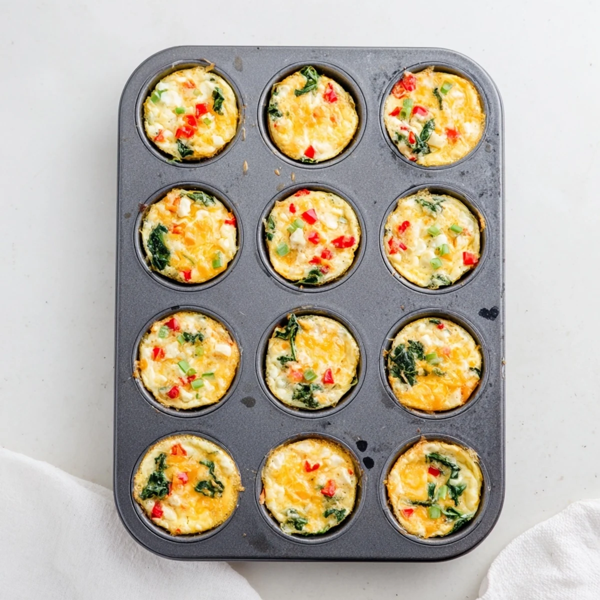 Close-up of fluffy Muffin Tin Cottage Cheese Egg Bites with melted cheddar and green onions.