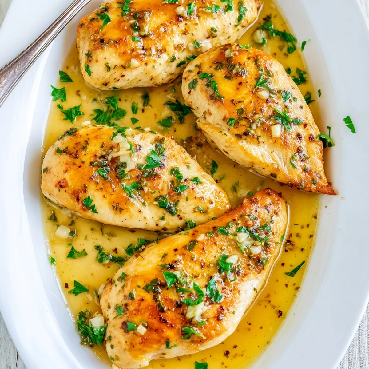 Juicy Garlic Butter Chicken breasts sizzling in a skillet with melted butter and minced garlic.