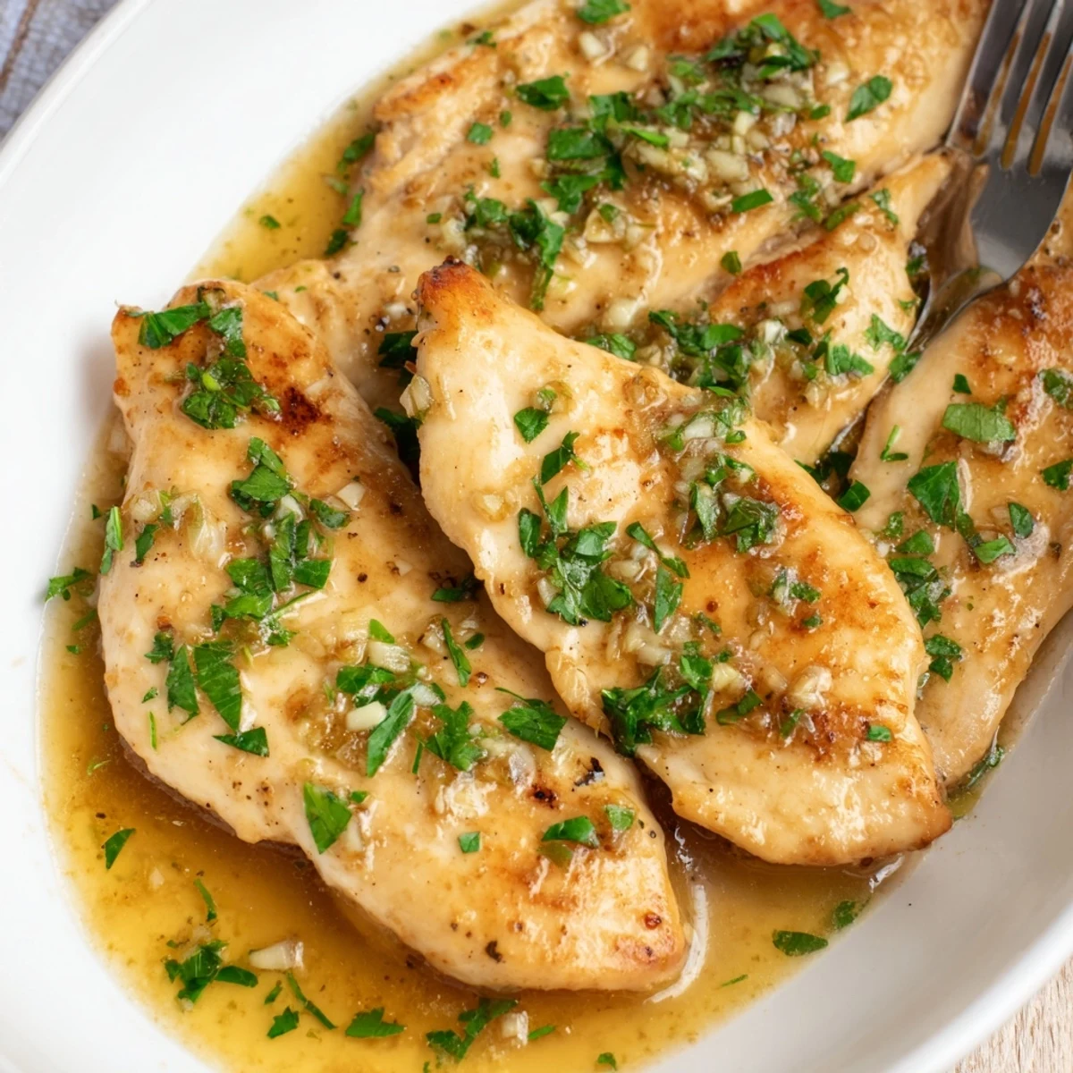 Close-up of tender, herb-coated Garlic Butter Chicken in a rich, savory pan sauce.