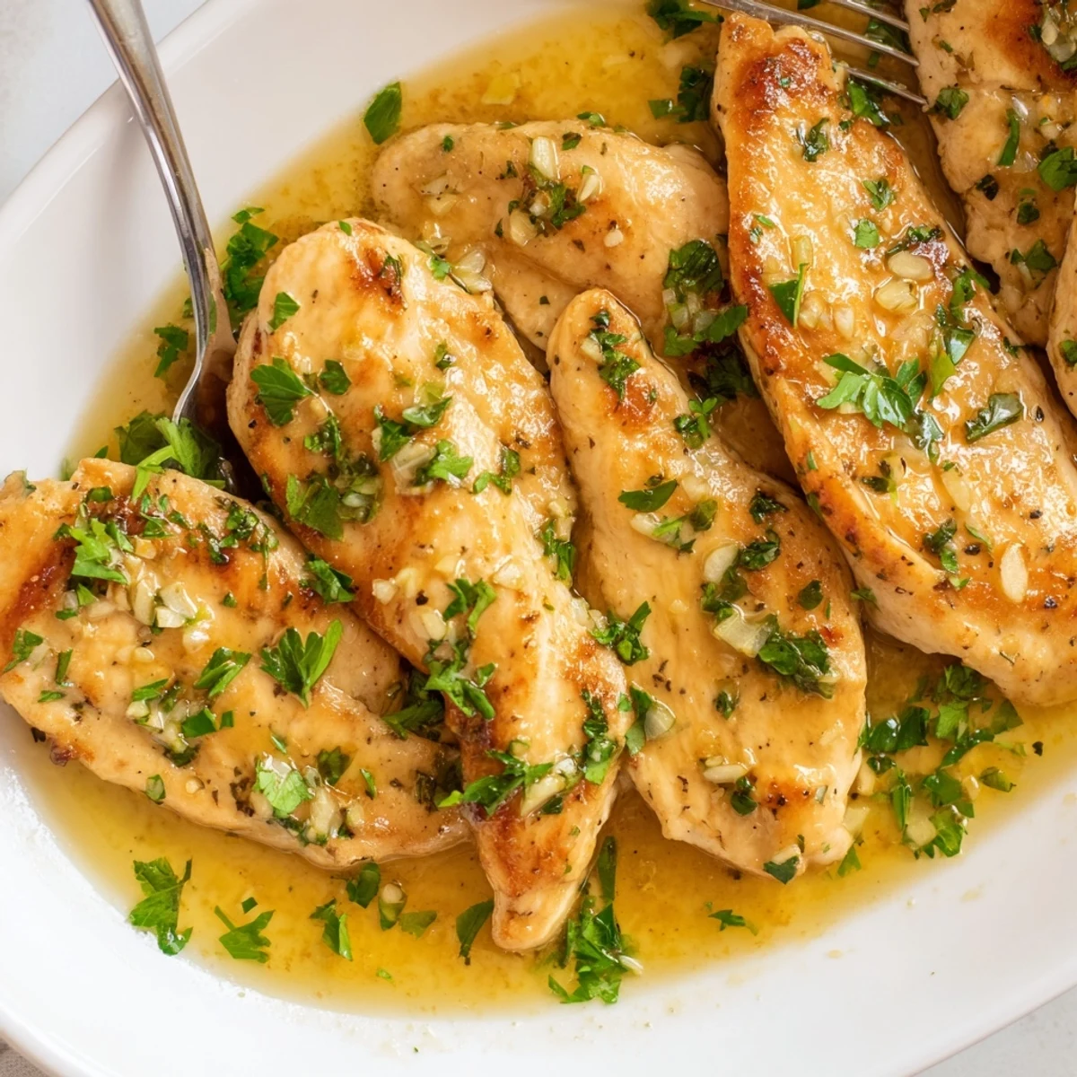 Serving suggestion of Garlic Butter Chicken garnished with parsley and lemon wedges for brightness.