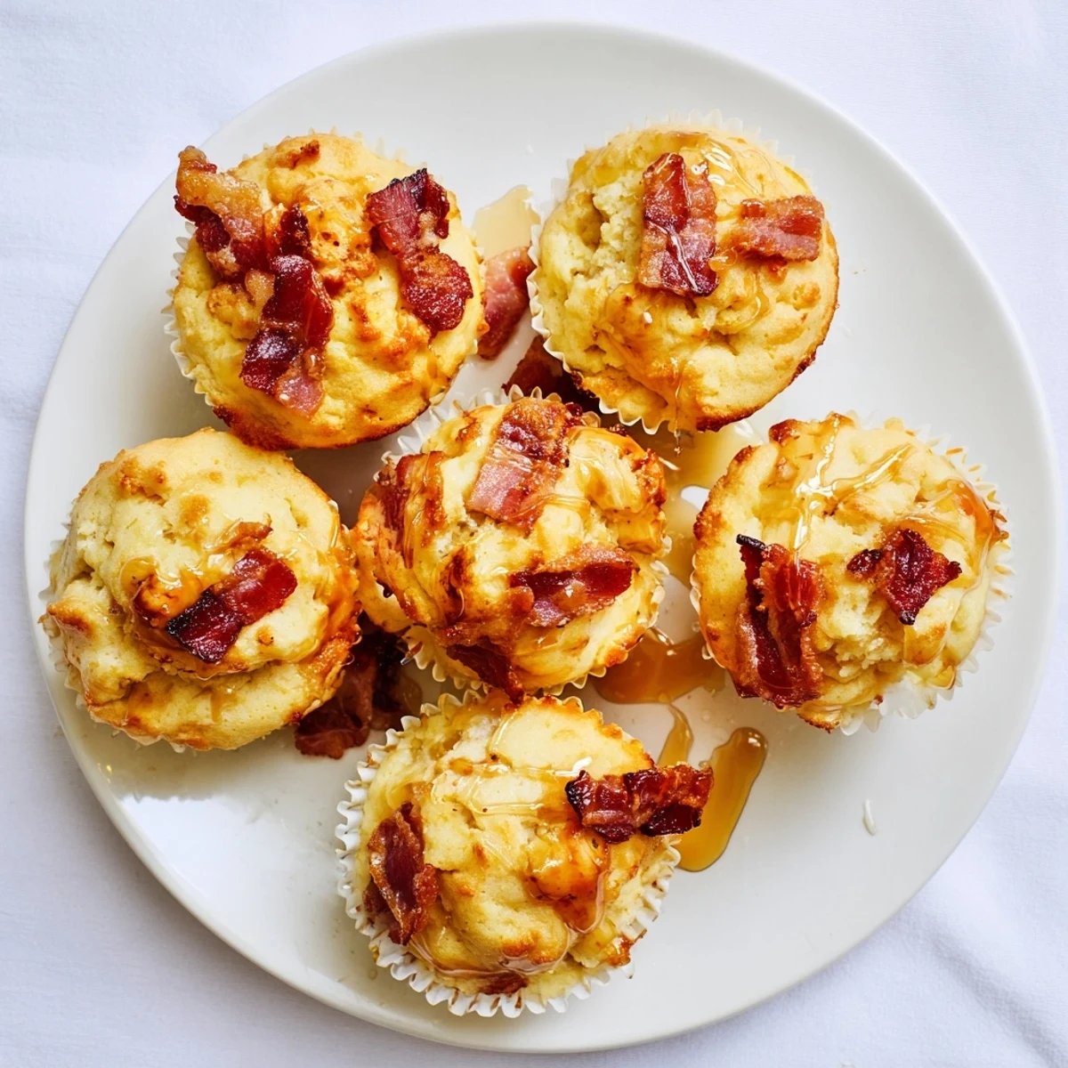 A close-up of Maple Bacon Pancake Muffins, showcasing crispy bacon bits nestled in golden, fluffy muffin tops with a glossy maple drizzle.