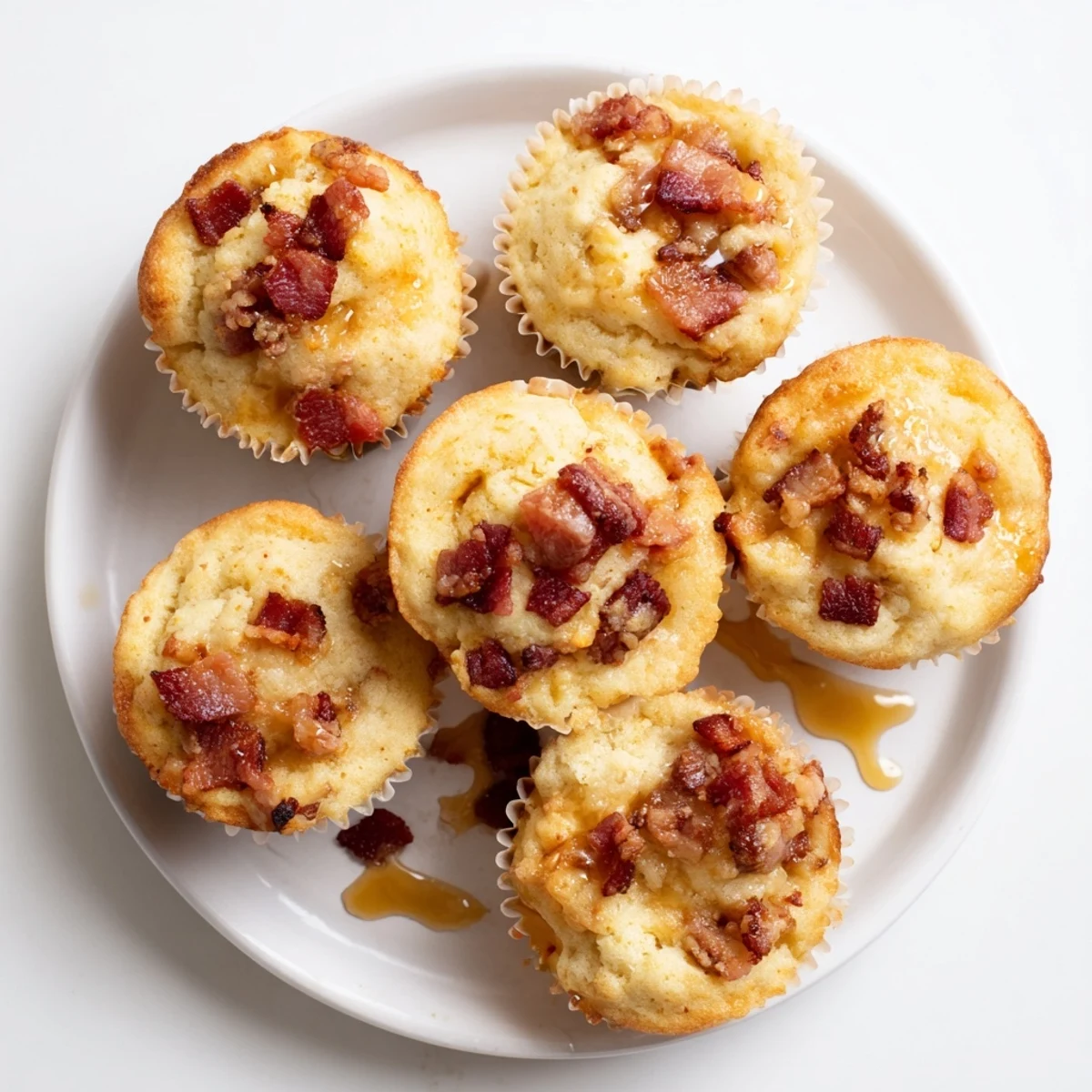 Overhead view of Maple Bacon Pancake Muffins cooling on a wire rack, highlighting the tender crumb texture and glistening maple syrup topping.