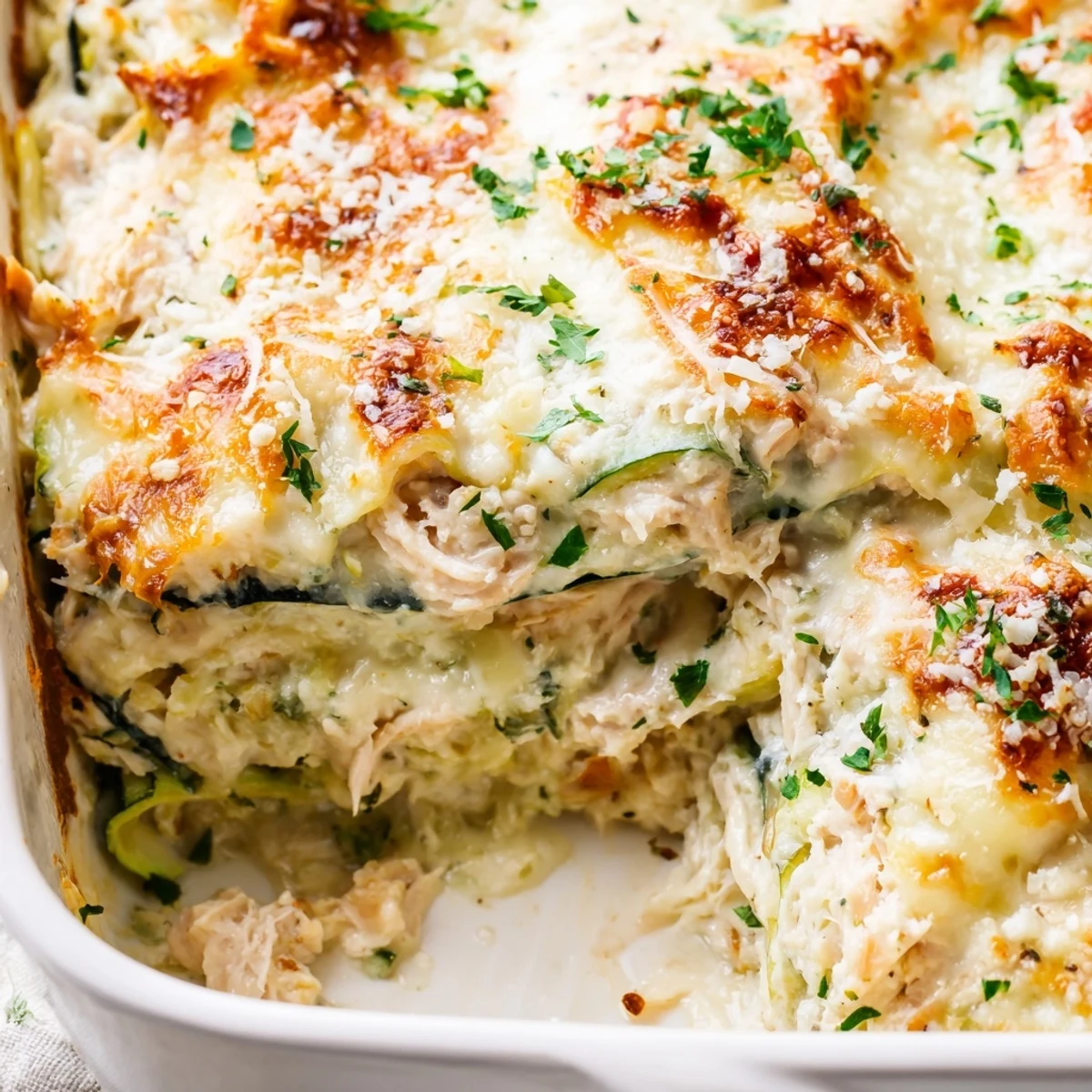 Golden bubbly Chicken Alfredo Zucchini Lasagna slices on a white plate with fresh parsley garnish, perfect low-carb Italian dinner.
