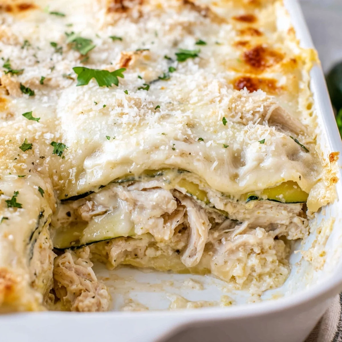 Layered Chicken Alfredo Zucchini Lasagna with creamy white sauce, shredded chicken, and melted mozzarella in a glass baking dish.