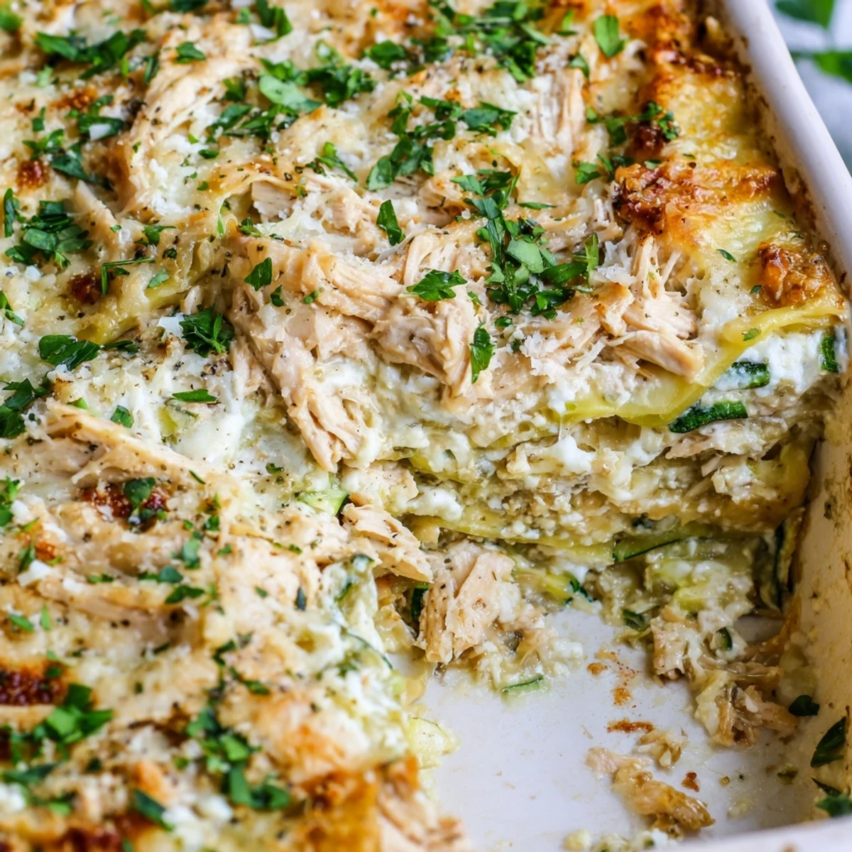 Close-up of Chicken Alfredo Zucchini Lasagna revealing tender zucchini noodles, ricotta layers, and rich Alfredo sauce, served with salad.
