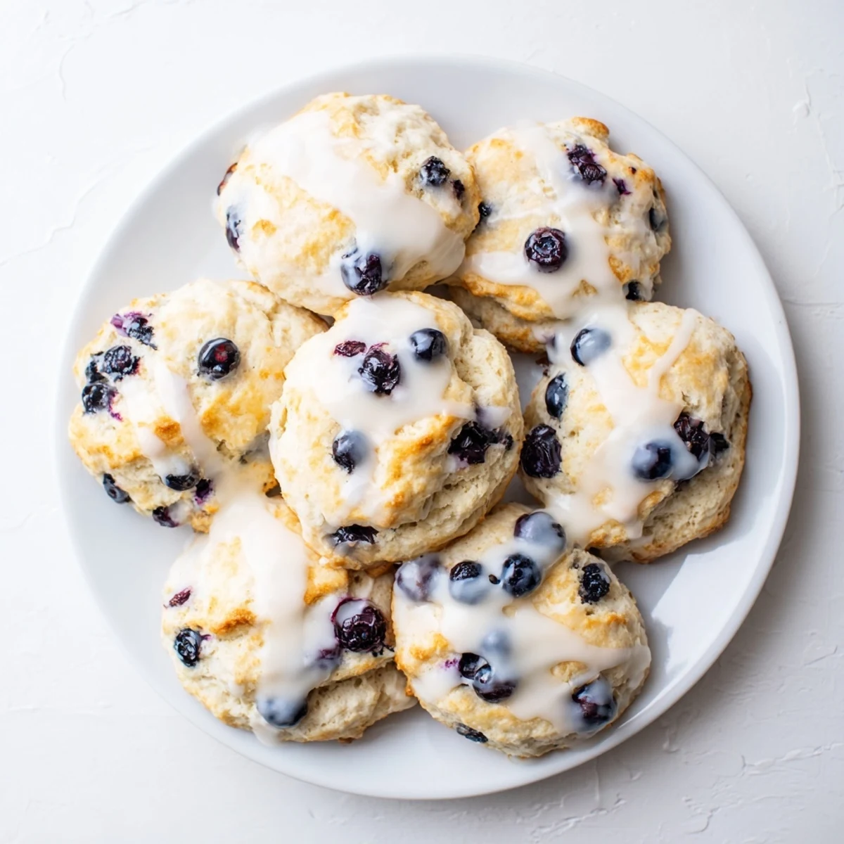Freshly baked Nakishas Blueberry Biscuits drizzled with sweet glaze on a rustic wooden board for breakfast.