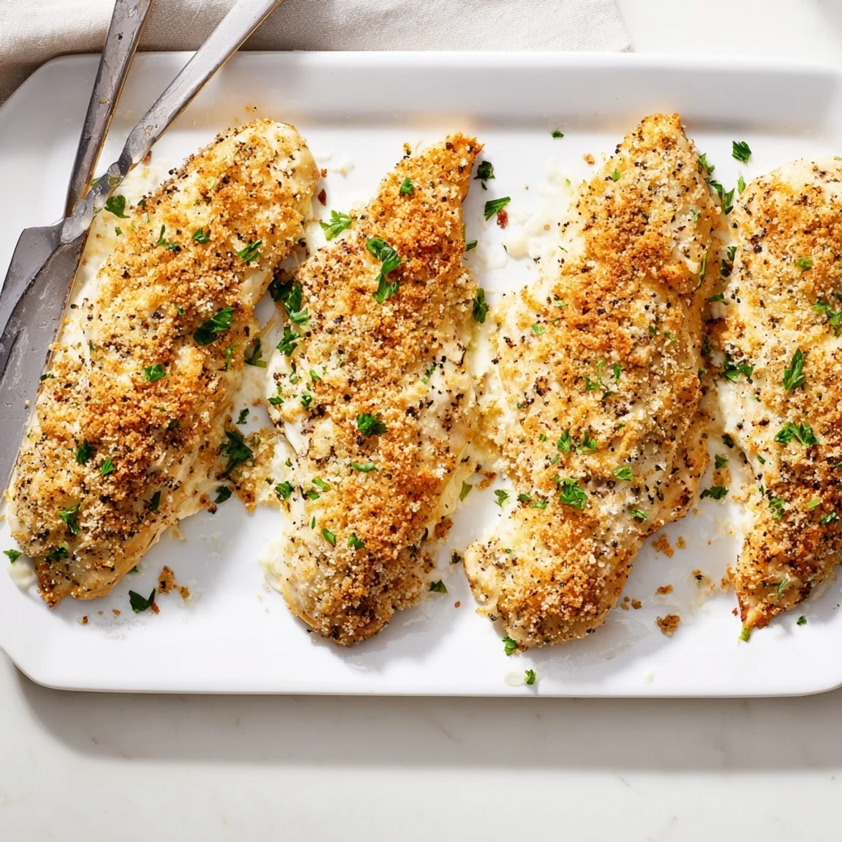 This baked Melt In Your Mouth Chicken features a creamy, cheesy coating bubbling over tender breasts, garnished with herbs and a fork.