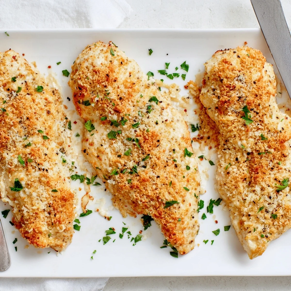 Golden-brown baked Melt In Your Mouth Chicken with creamy parmesan topping, served on a white plate with fresh parsley.
