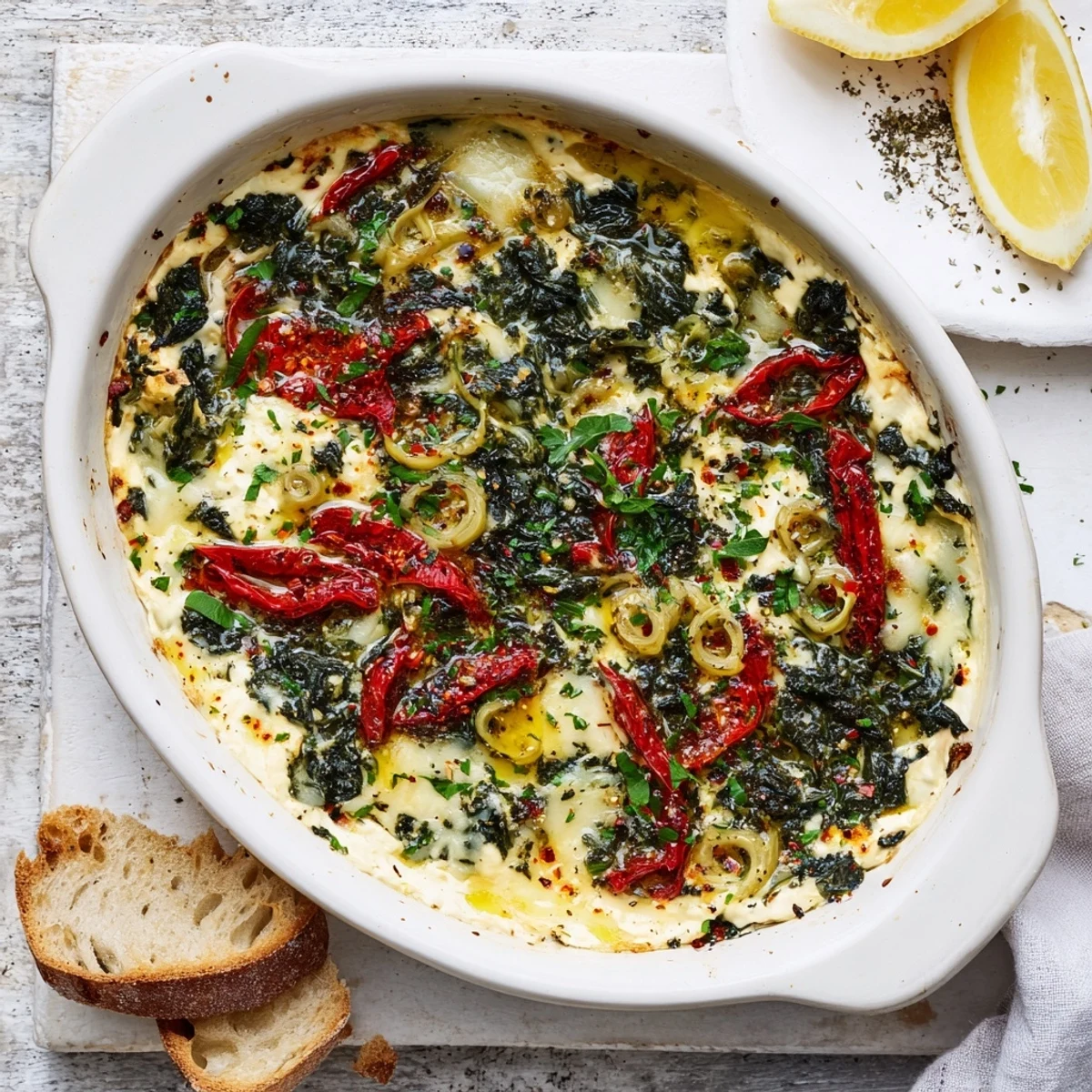 Close-up of golden, bubbling Spinach and Pepperoncini Baked Feta Dip fresh from the oven, garnished with fresh dill.  