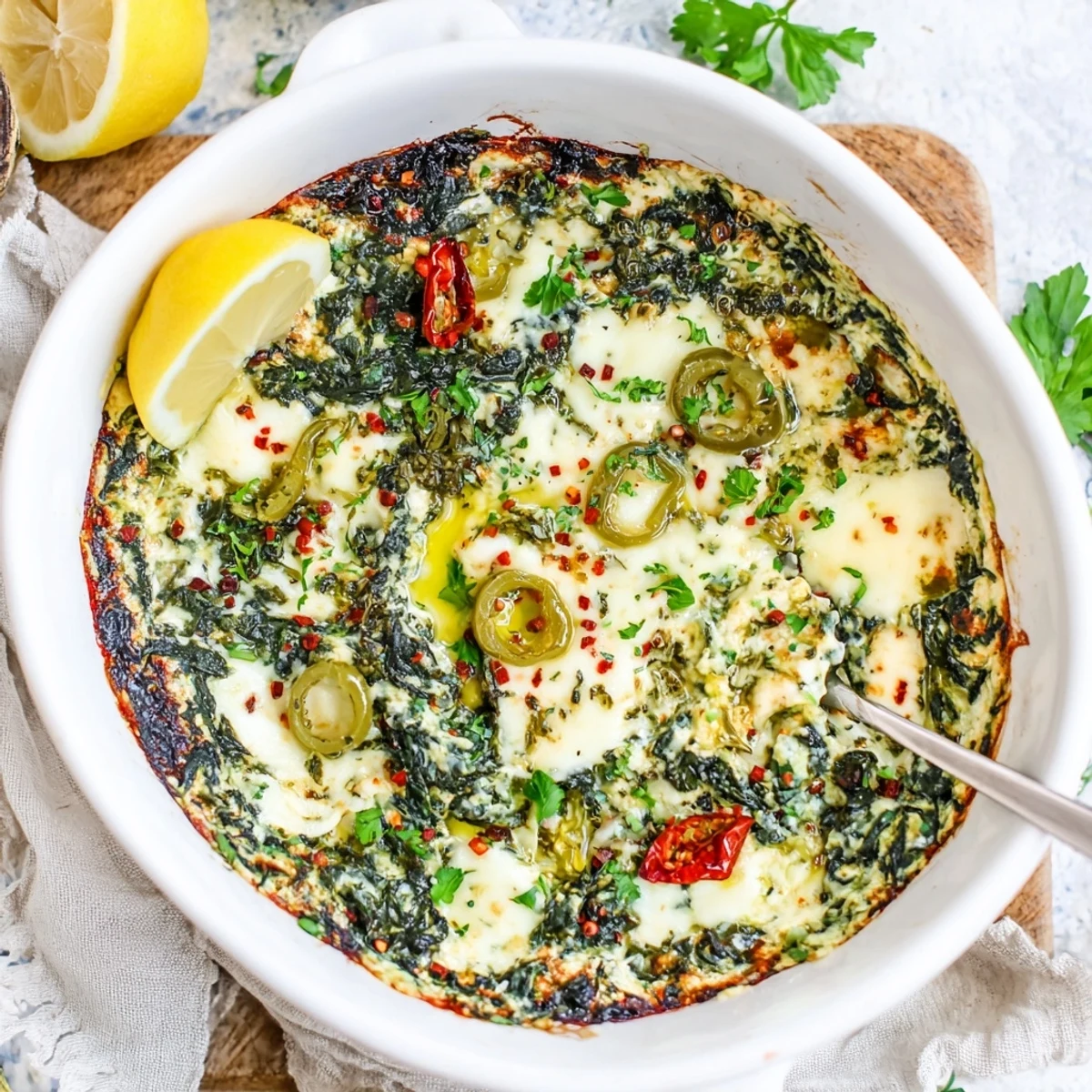 Warm Mediterranean Spinach and Pepperoncini Baked Feta Dip served with crusty pita bread and lemon wedges.  