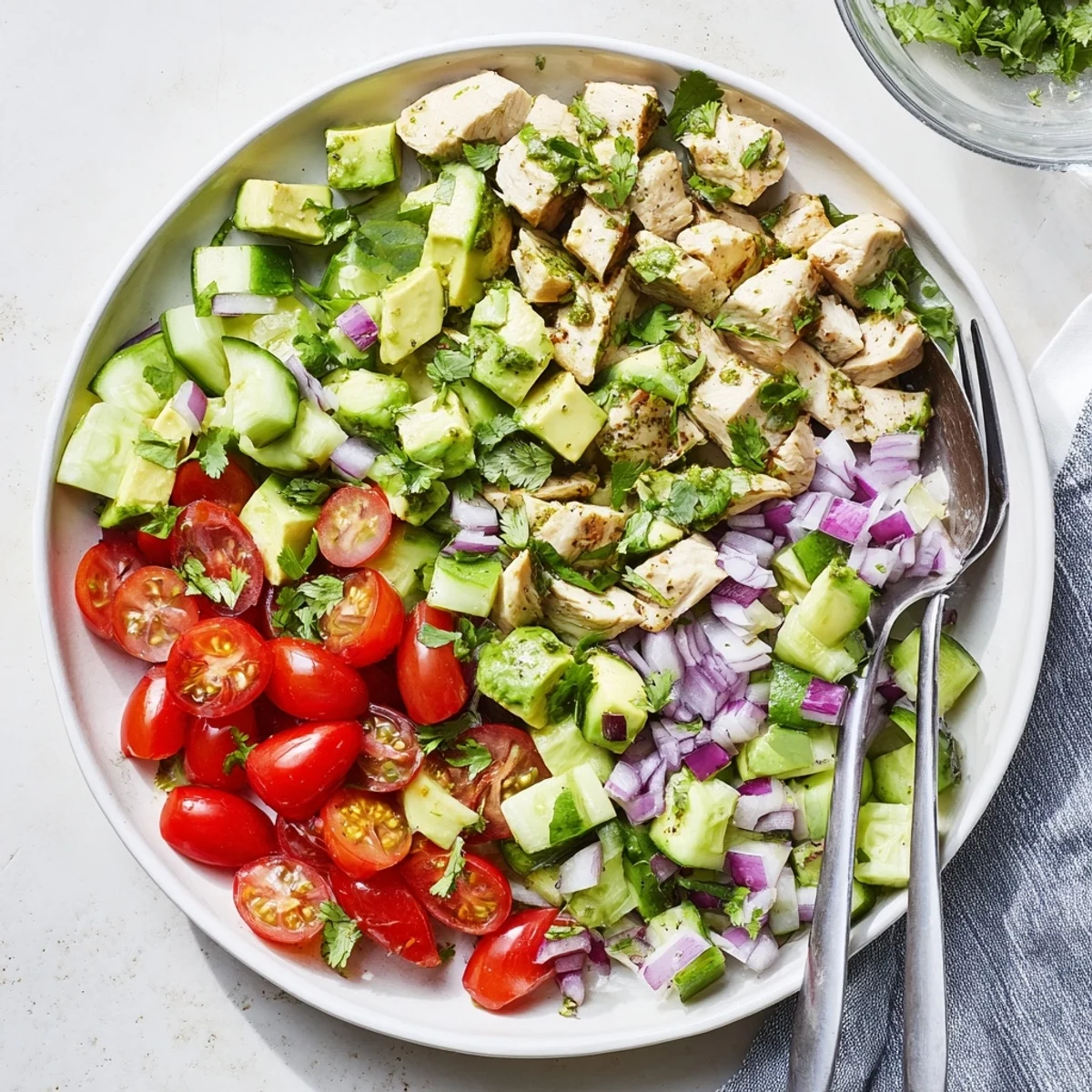 Freshly grilled diced chicken breast is tossed with creamy diced avocado, halved cherry tomatoes, and crisp cucumber in a zesty lime dressing, creating this Avocado Chicken Salad.