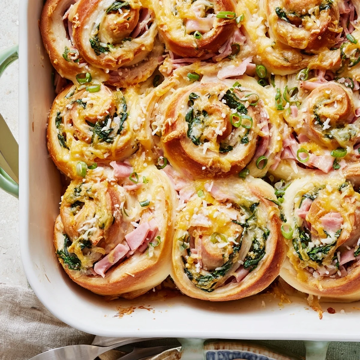 A close-up of warm Savory Spinach and Ham Breakfast Rolls showing melted cheese and golden tops on a rustic board.