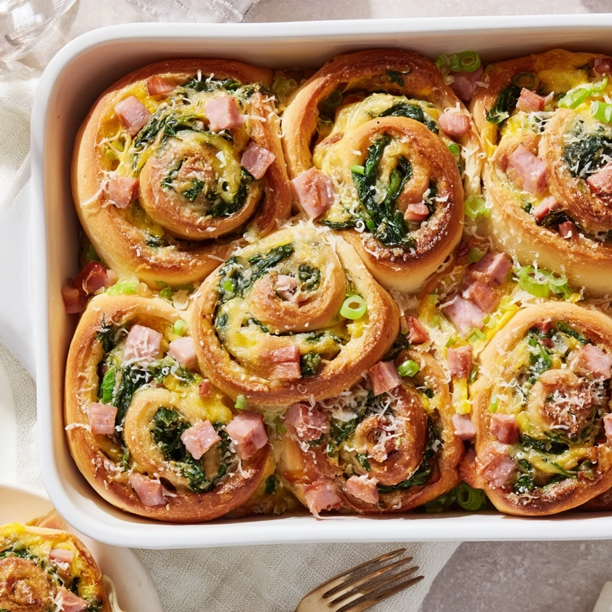 A serving platter displays fresh-baked Savory Spinach and Ham Breakfast Rolls with visible spinach and ham filling.