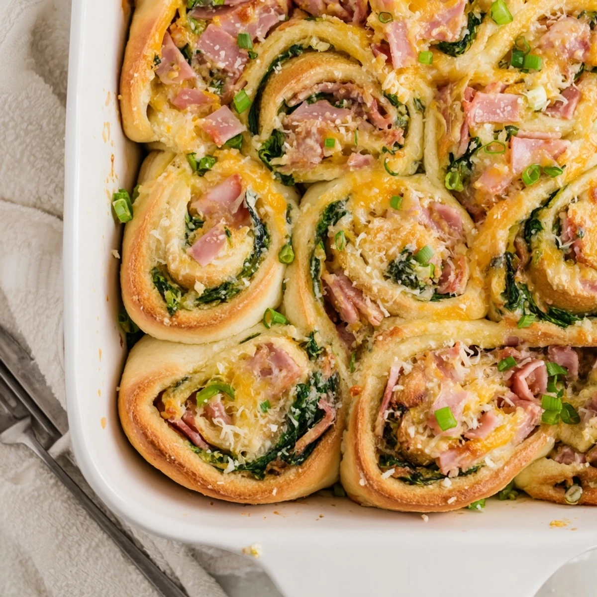 These golden Savory Spinach and Ham Breakfast Rolls sit on a white plate beside a steaming coffee mug for a cozy breakfast scene.