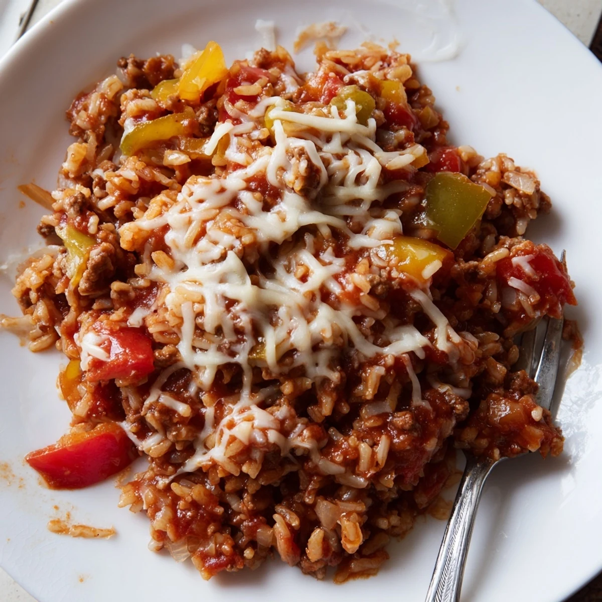 In this skillet, ground beef, colorful bell peppers, and tender rice simmer in a rich tomato broth, topped with bubbly melted mozzarella, embodying the hearty Unstuffed Pepper Skillet.
