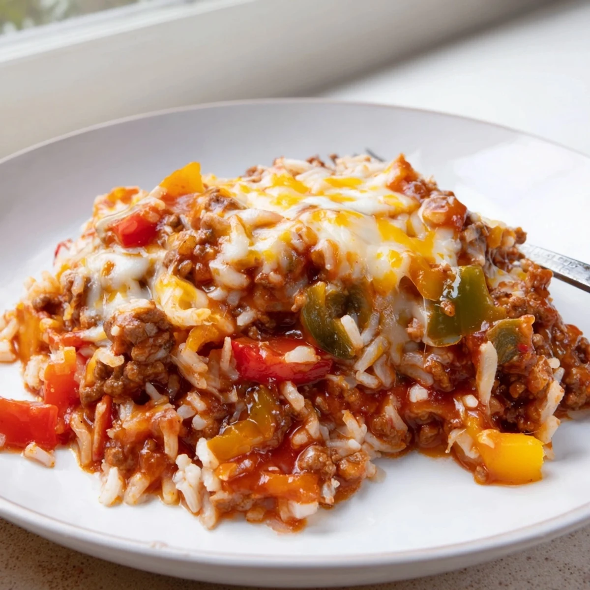 This one-pan Unstuffed Pepper Skillet features a golden, cheesy crust over a comforting blend of tomatoes, onions, and spices, offering a deliciously simplified take on classic stuffed peppers.