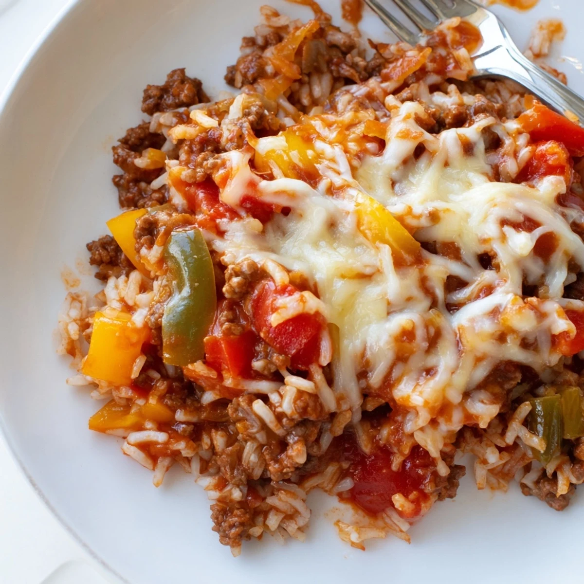 A close-up shows the vibrant red, yellow, and green peppers mixed with seasoned beef and fluffy rice in the savory Unstuffed Pepper Skillet, ready for a busy weeknight dinner.