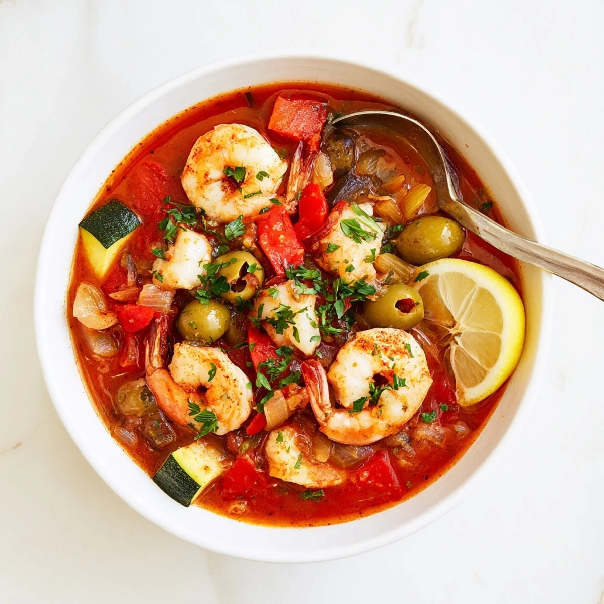 A vibrant bowl of Mediterranean Seafood Shrimp Chili with olives, tender fish, and fresh parsley garnish.