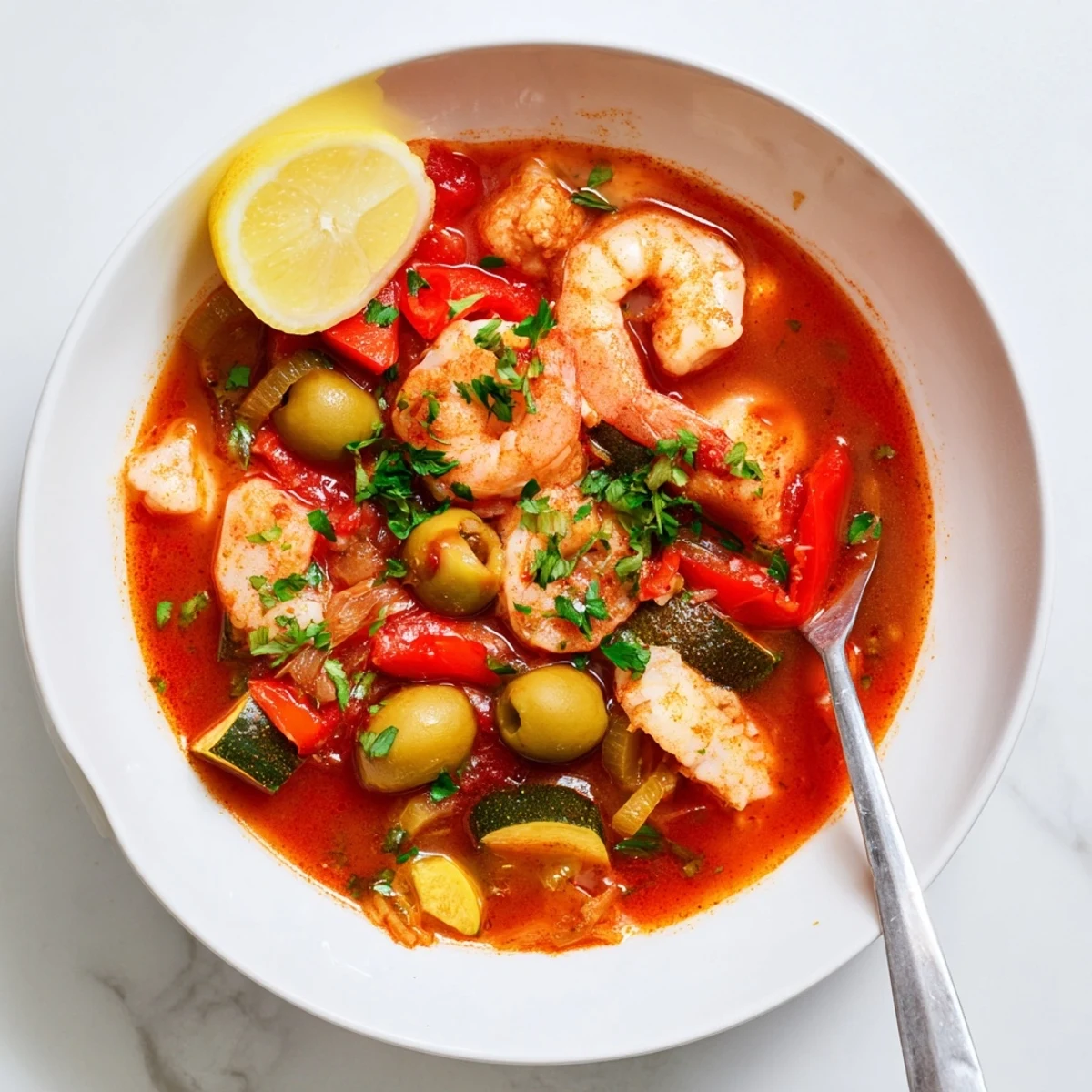 Serving suggestion of Mediterranean Seafood Shrimp Chili, featuring briny olives and succulent shrimp over rice.