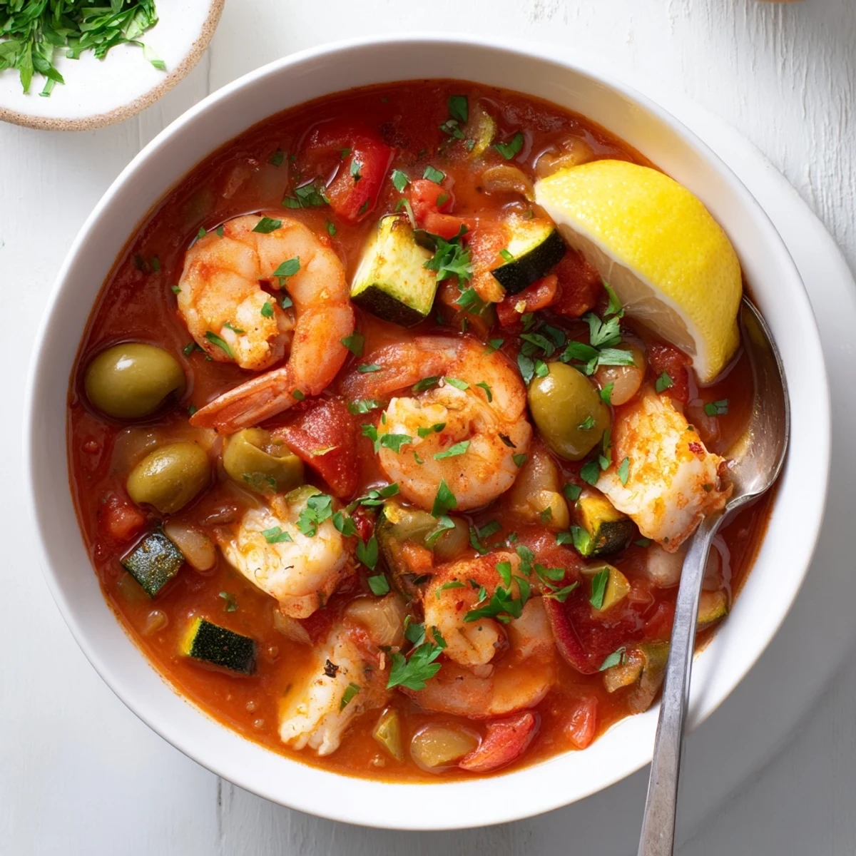 Hearty Mediterranean Seafood Shrimp Chili simmering in a pot, showcasing fresh fish and aromatic spices.
