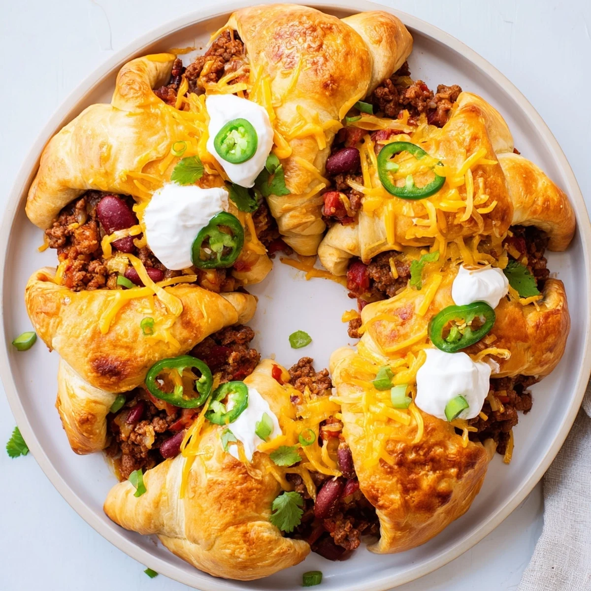 Golden-brown Beef Chili Taco Crescent Roll Ring with melted cheddar and fresh cilantro garnish.