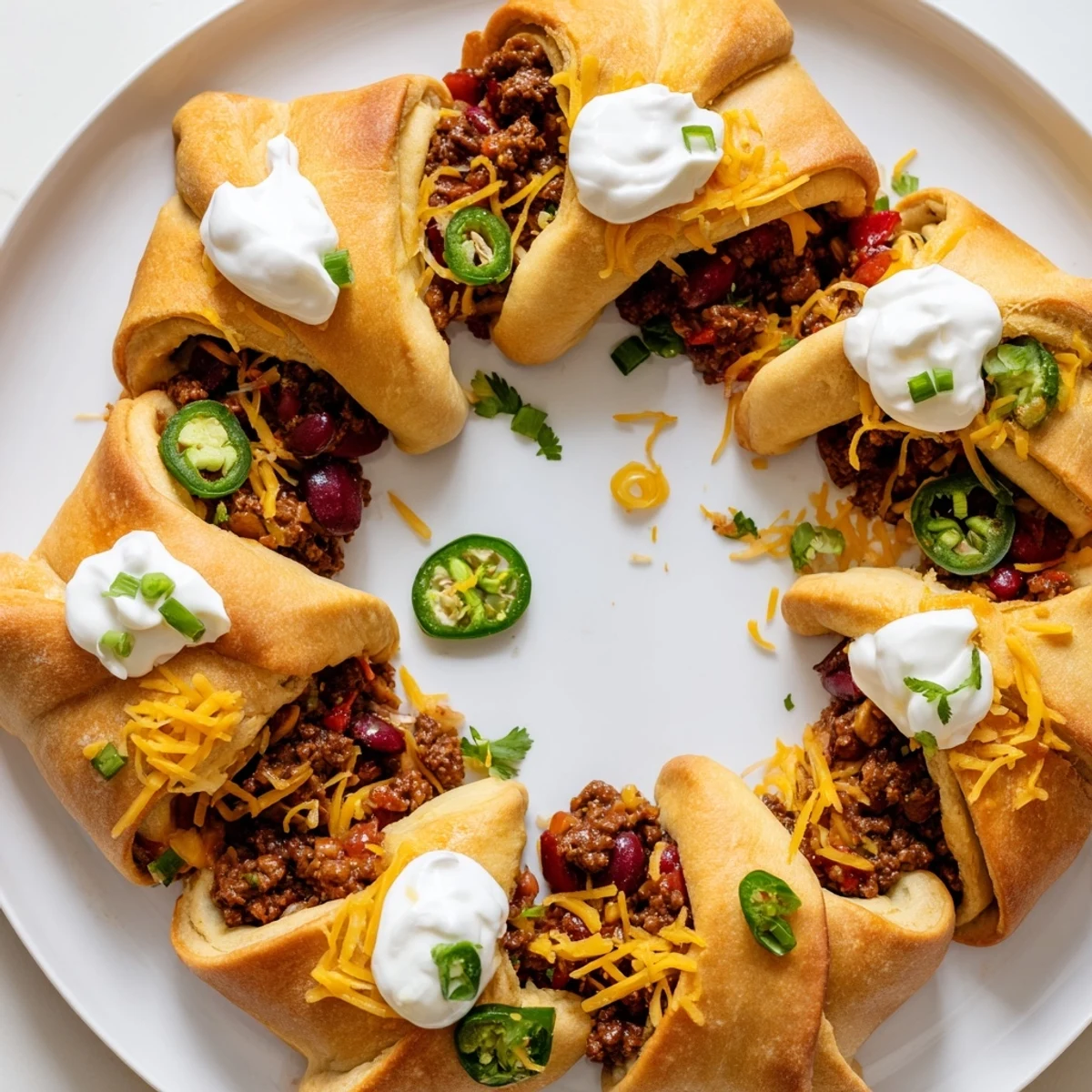 Beef Chili Taco Crescent Roll Ring baked in a festive ring, topped with sour cream and jalapeños.