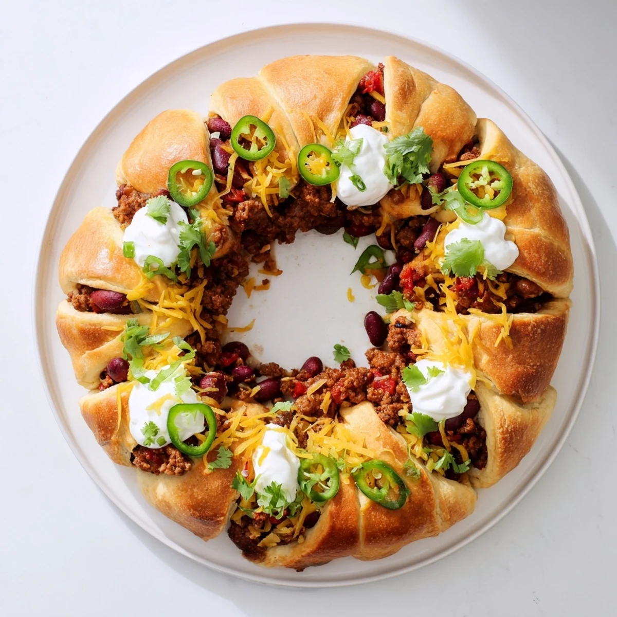 Savory Beef Chili Taco Crescent Roll Ring served warm, revealing layers of beef, beans, and cheese.
