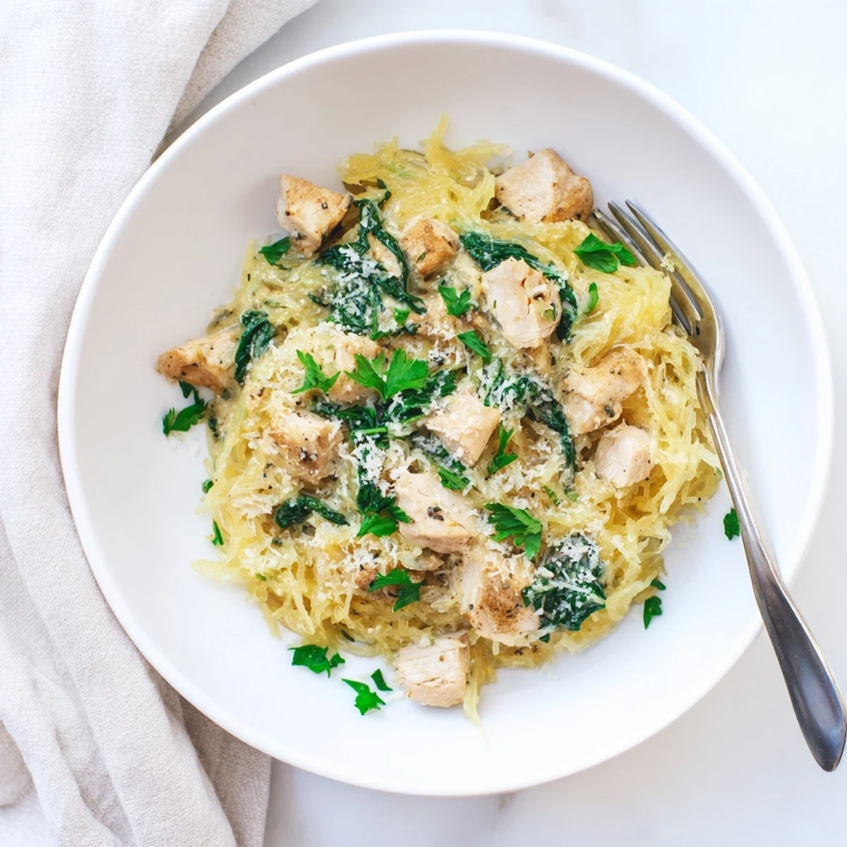 Creamy Chicken and Spinach Spaghetti Squash Alfredo in a white dish, garnished with fresh parsley and extra Parmesan for a comforting low-carb dinner.