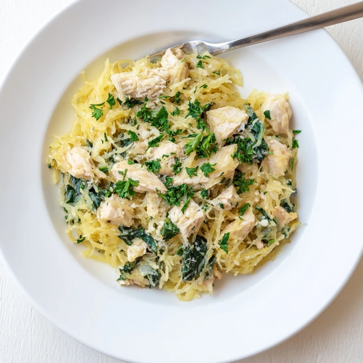 Tender roasted spaghetti squash strands tossed with sautéed chicken and wilted spinach in a rich garlicky Alfredo sauce, served warm and ready to enjoy.