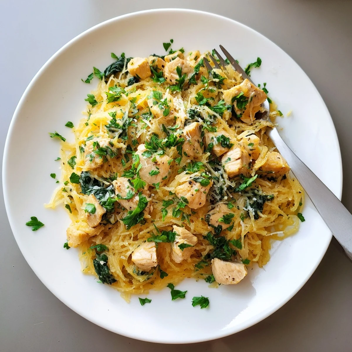 Savory Chicken and Spinach Spaghetti Squash Alfredo plated with a swirl of creamy Parmesan sauce, showcasing golden chicken pieces and vibrant green spinach leaves.