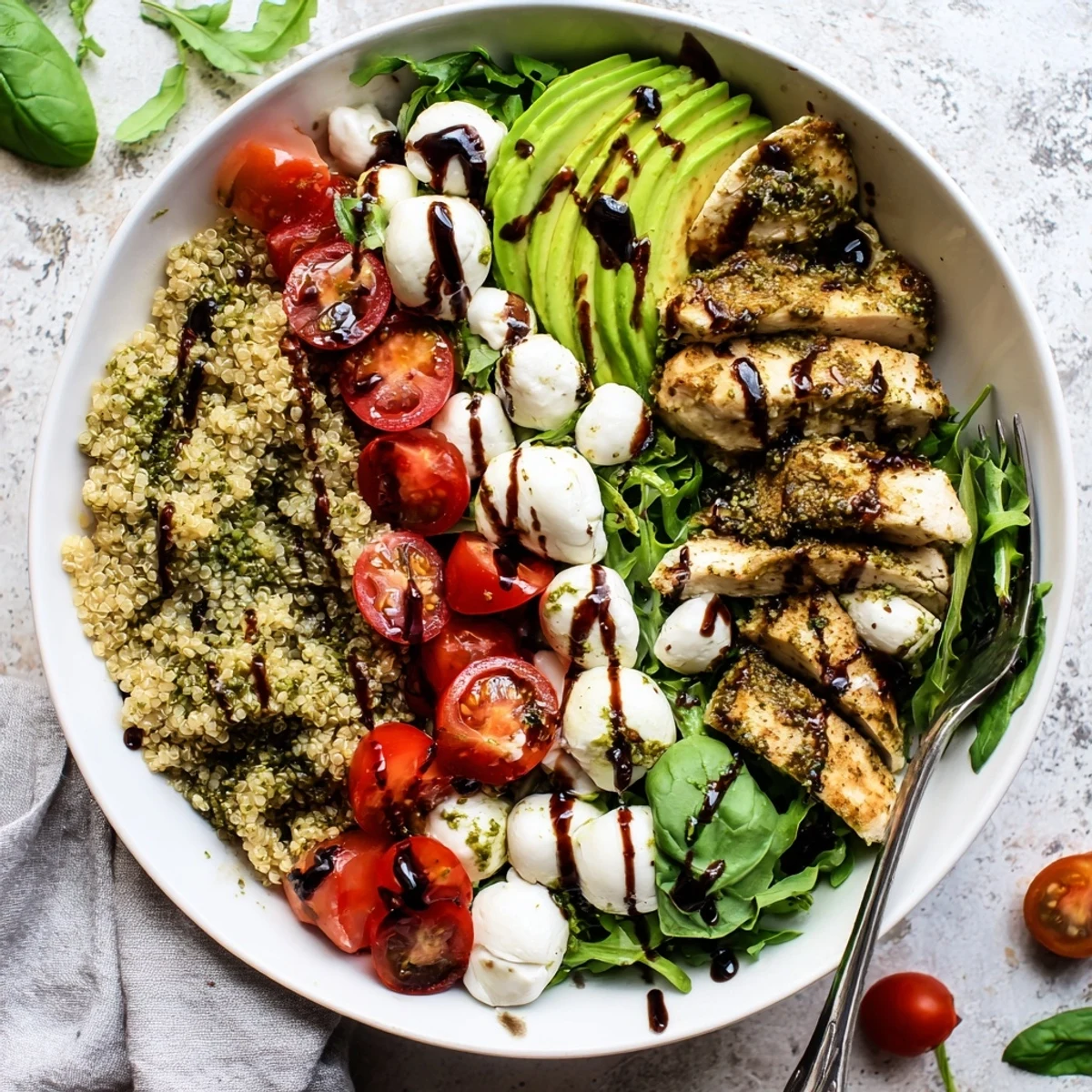 Sliced grilled pesto chicken and balsamic glaze drizzled over the colorful Pesto Chicken Caprese Grain Bowl, served with a fork.