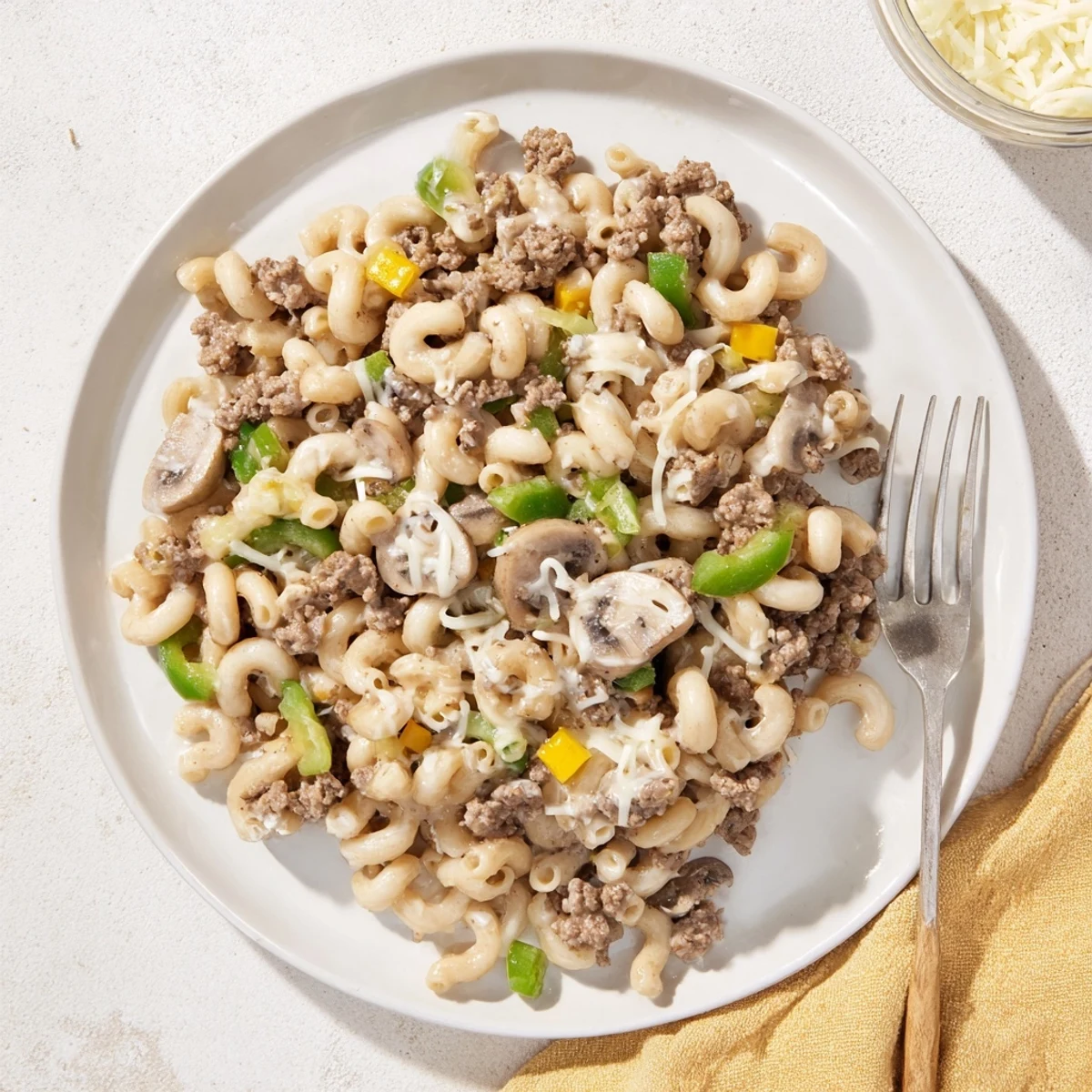 Creamy Easy High Protein Philly Cheesesteak Mac served hot in a skillet, melted provolone and mozzarella bubbling over tender pasta with sautéed beef, peppers, and onions.