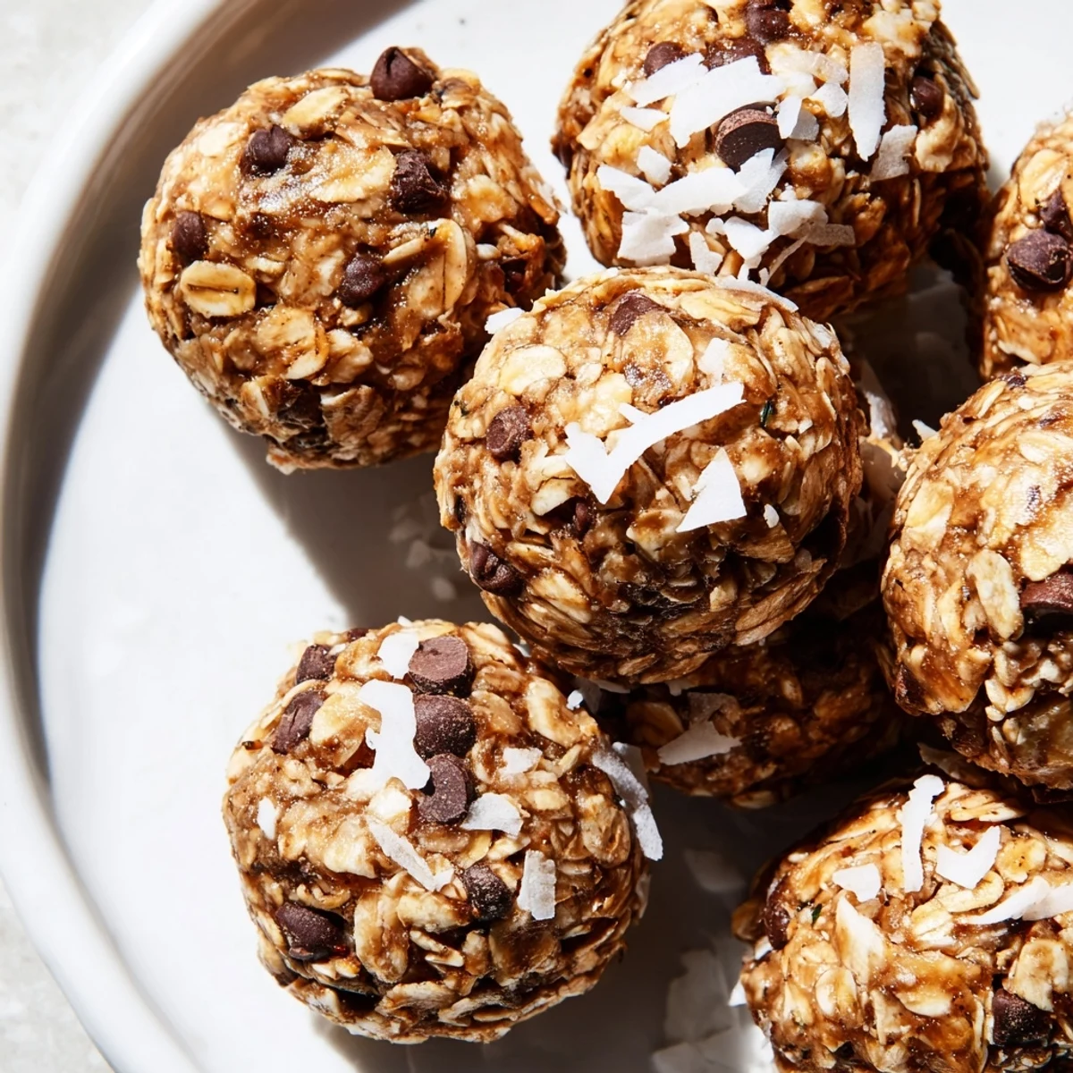 A close-up of Easy No Bake Chocolate Chip Energy Bites on a rustic wooden table, with oats and chocolate chips visible.