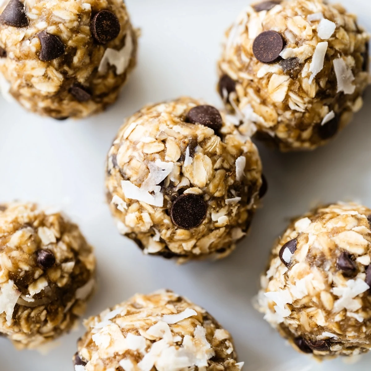 Easy No Bake Chocolate Chip Energy Bites are rolled into round balls, showing a sticky texture and sweet honey glaze.