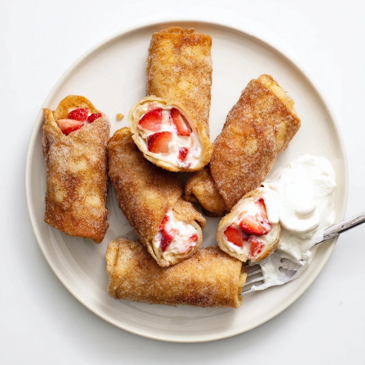 Crispy golden-fried Cheesecake Dessert Chimichangas Cinnamon Sugar Delights drizzled with melted butter
