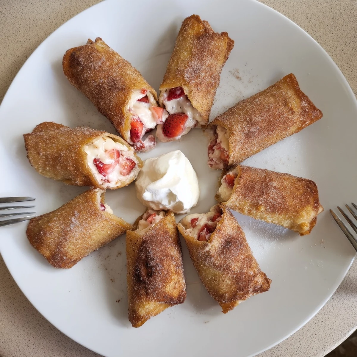 Warm Cheesecake Dessert Chimichangas Cinnamon Sugar Delights served with whipped cream and berries